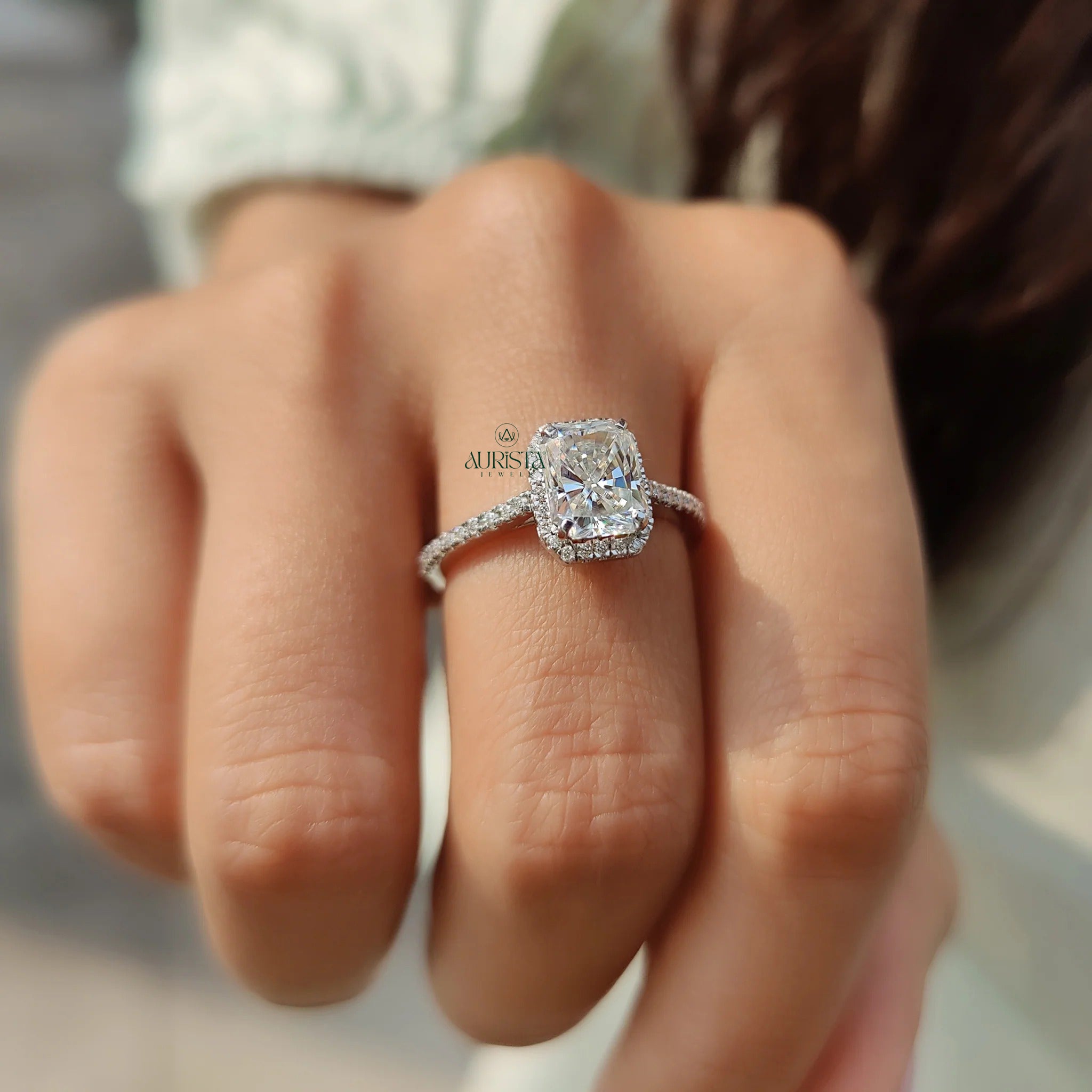 Radiant Cut Moissanite Halo Engagement Ring with Diamond Pave Band