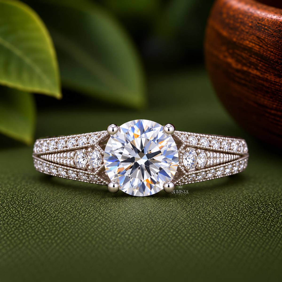 Round Cut Lab Grown Diamond Bridal Set, Vintage Style Engagement Ring & Wedding Band