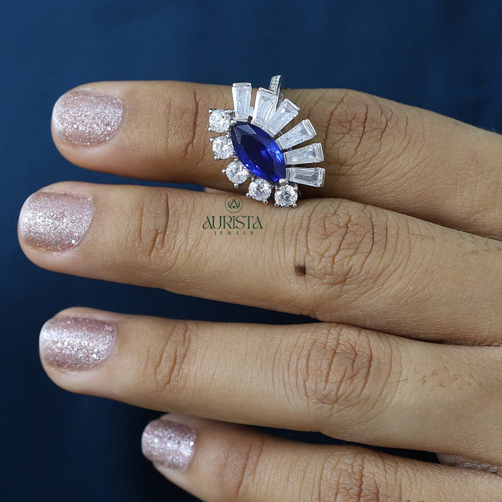 Marquise Blue Sapphire Ring Baguette and Round Moissanite Sunburst Statement Ring
