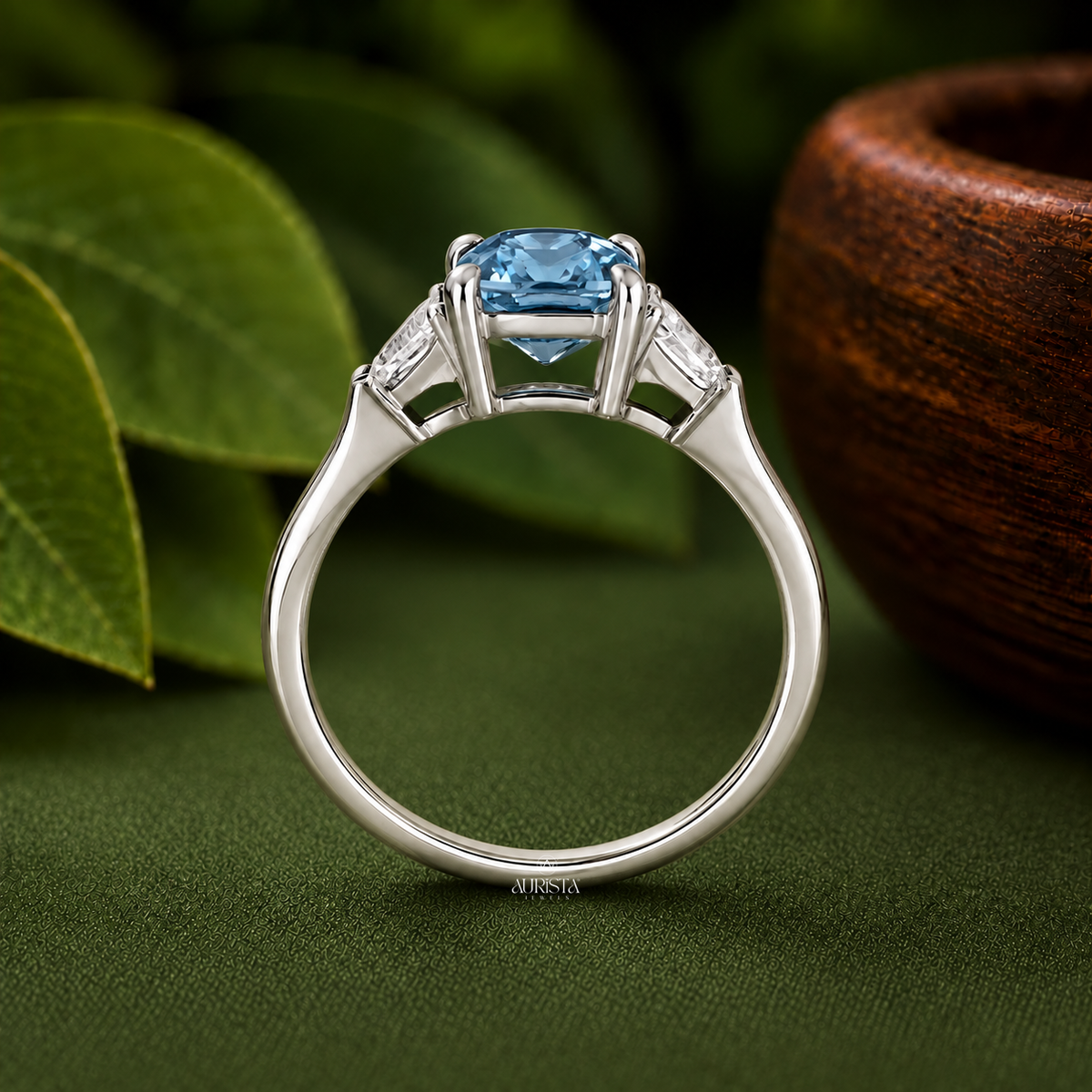 Blue Cushion Three Stone Engagement Ring Color Diamond Lab Grown in Diamond Jewelry