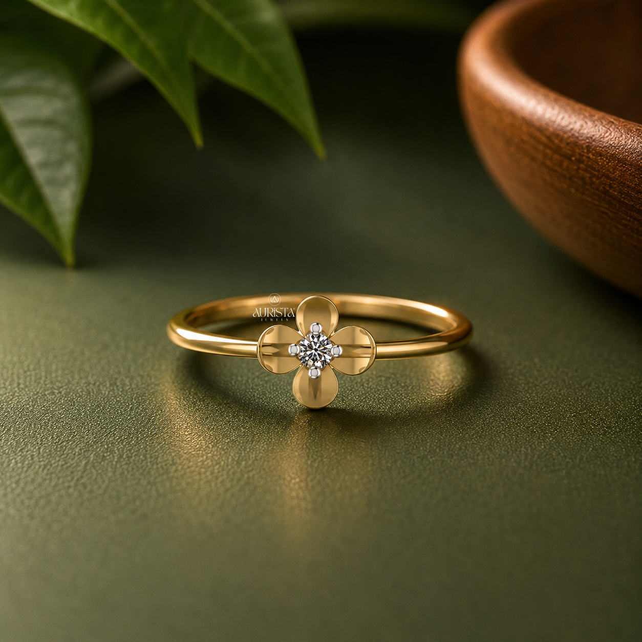 Lab Grown Diamond Gold Flower Ring Dainty Floral Solitaire Stacking Band Chic