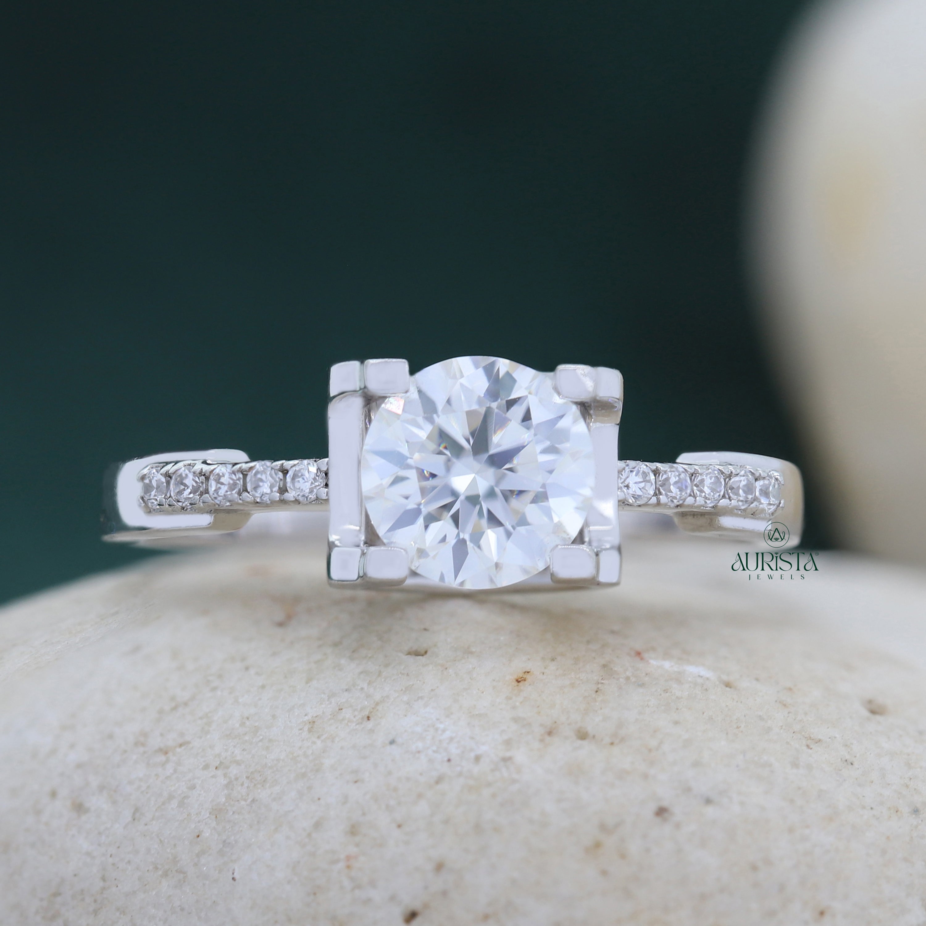 Round Cut Lab Grown Diamond Engagement Ring, Solitaire Ring With Pavé Band