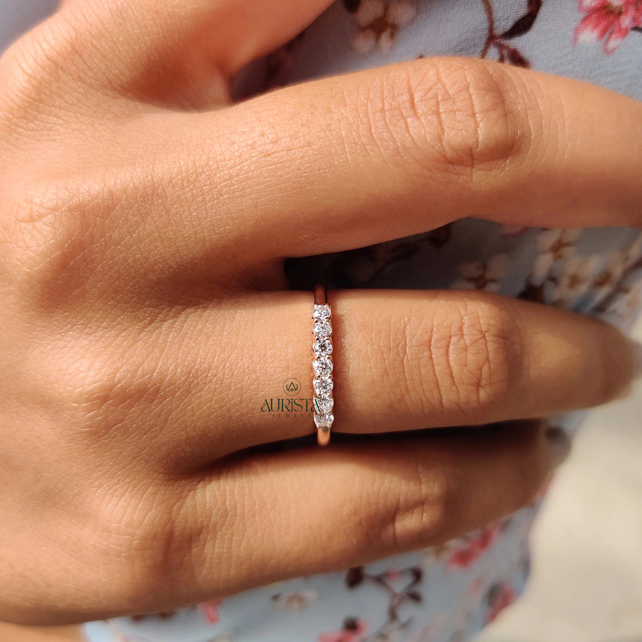 Dainty Moissanite Diamond Station Band Rose Gold Minimalist Stackable Wedding Ring