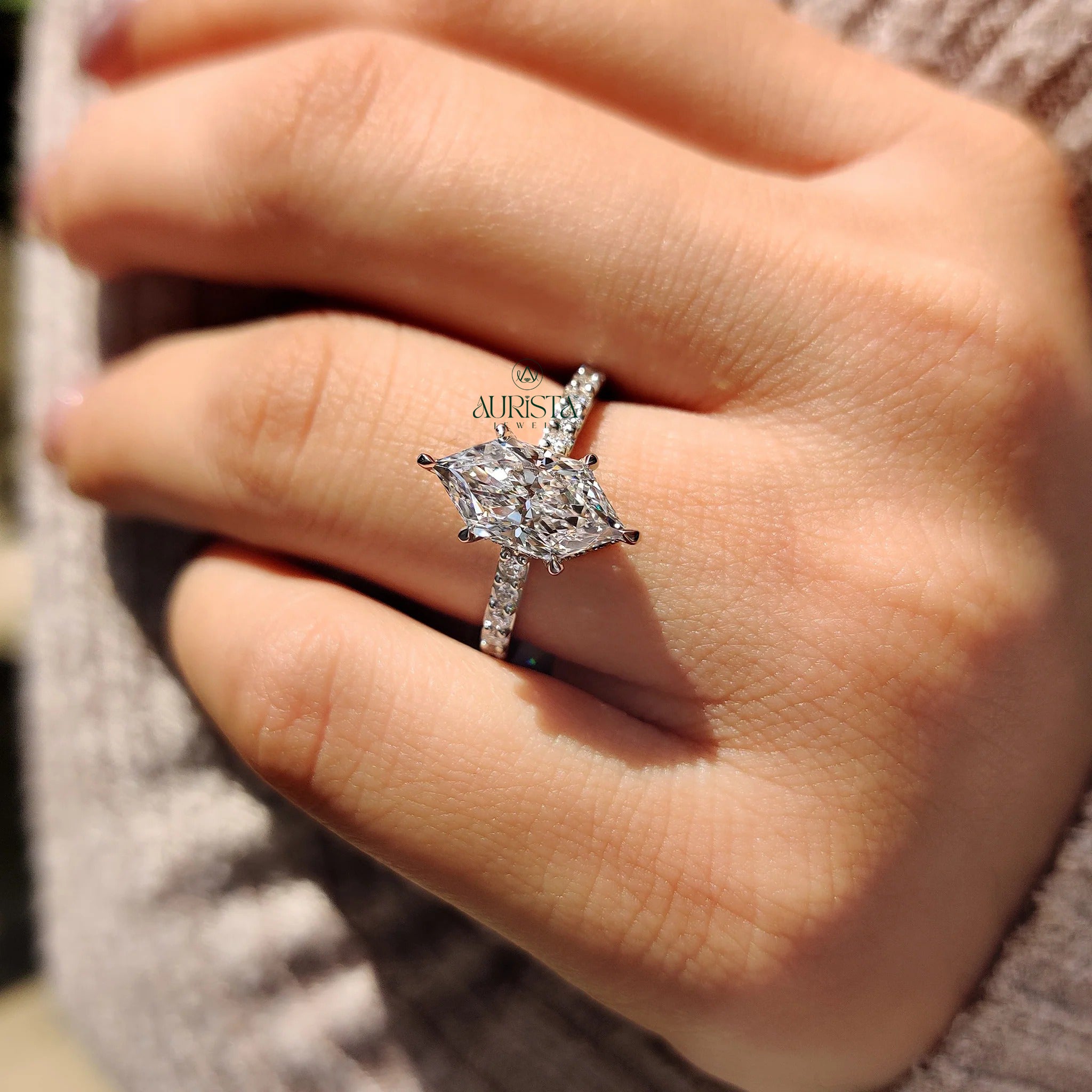 Geometric Marquise-Cut Ring with Hidden Halo Detail