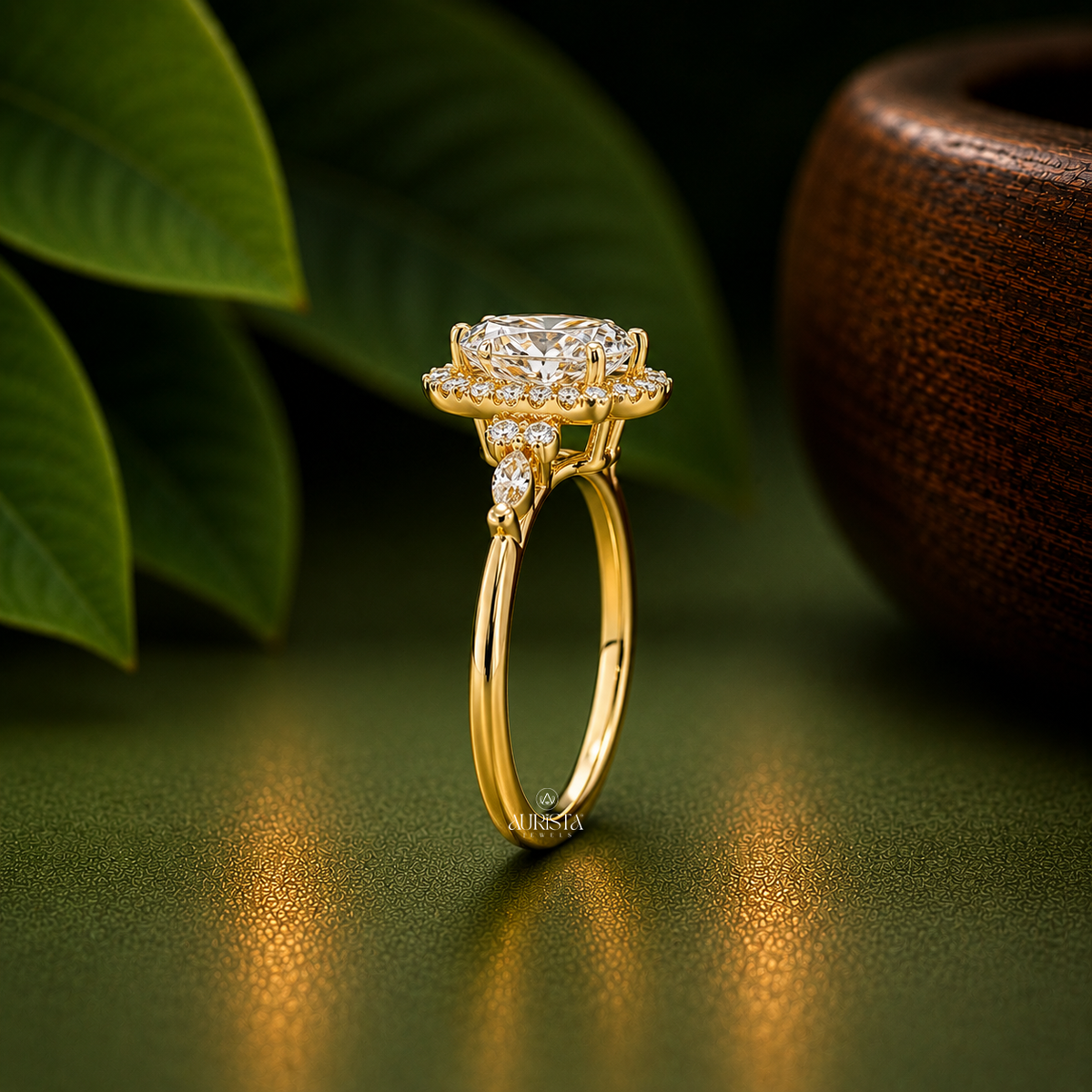 Oval Shape Lab Grown Diamond Ring, Halo Engagement Ring With Cluster Side Stones