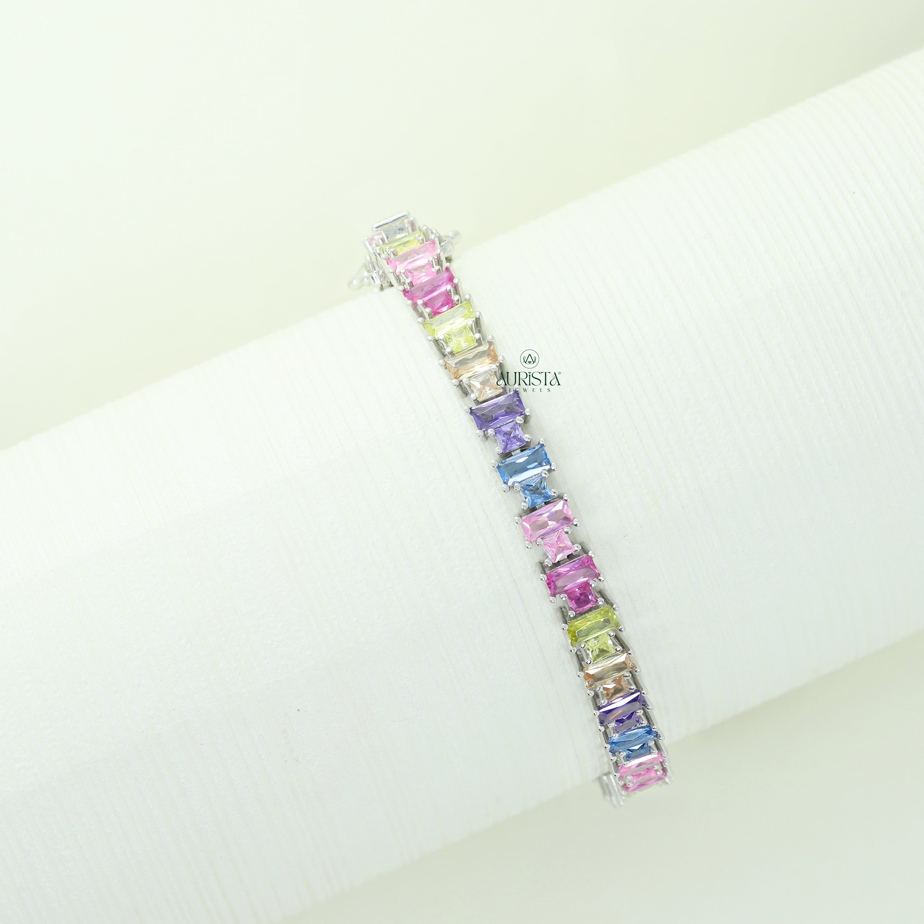 Rainbow Moissanite Tennis Bracelet, Colorful Baguette Cut Line Bracelet