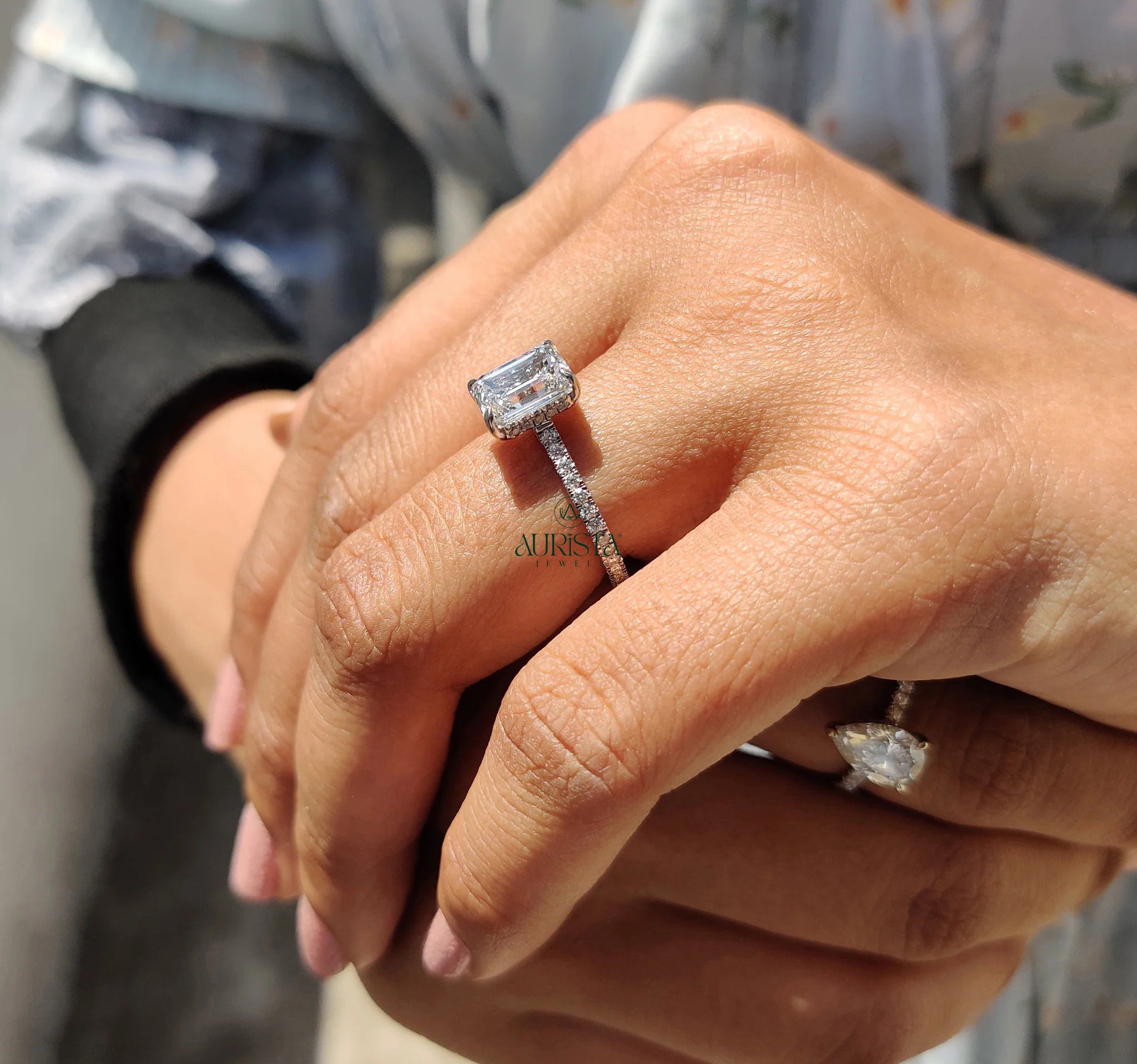 Emerald Cut Diamond Ring with Timeless Pave Elegance