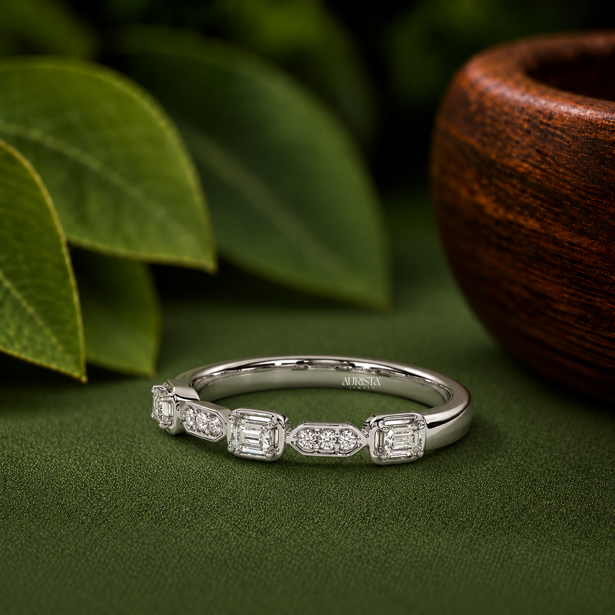 Moissanite Diamond Emerald & Round Cut Stackable Band White Gold Anniversary Ring Gift
