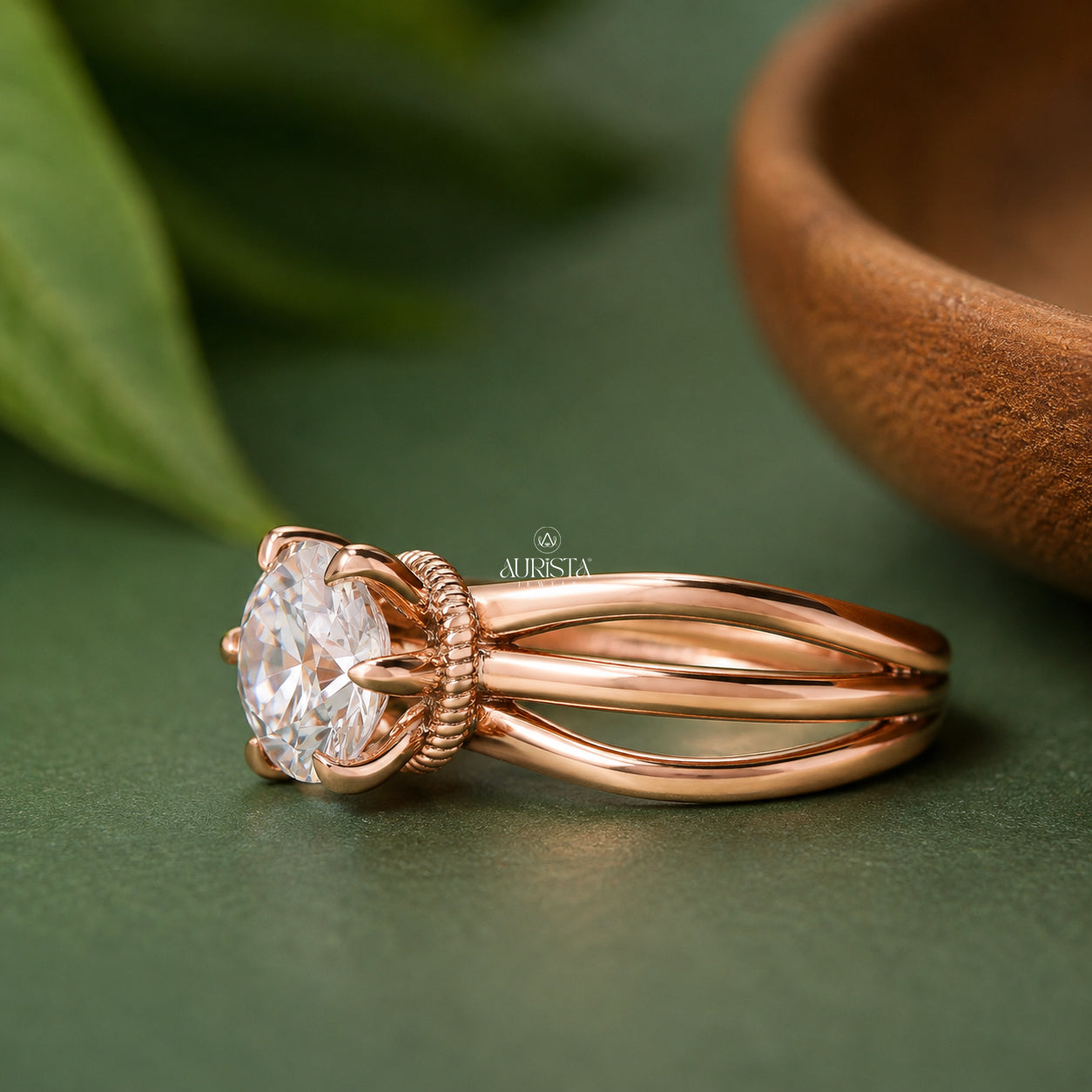 Round Cut Lab Grown Diamond Engagement Ring, Multi-Band Rose Gold Wedding Ring