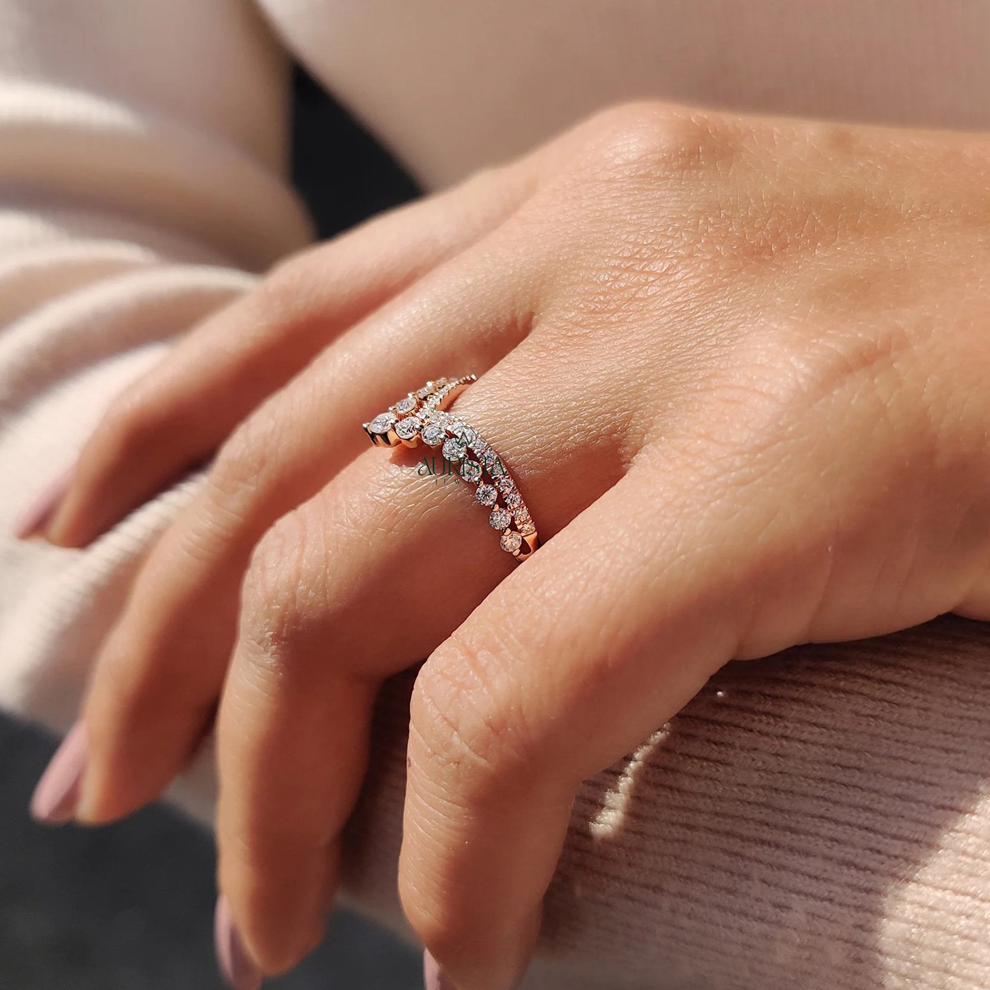 Rose Gold Chevron Lab Grown Diamond Wedding Band Curved Double Row Stackable Ring