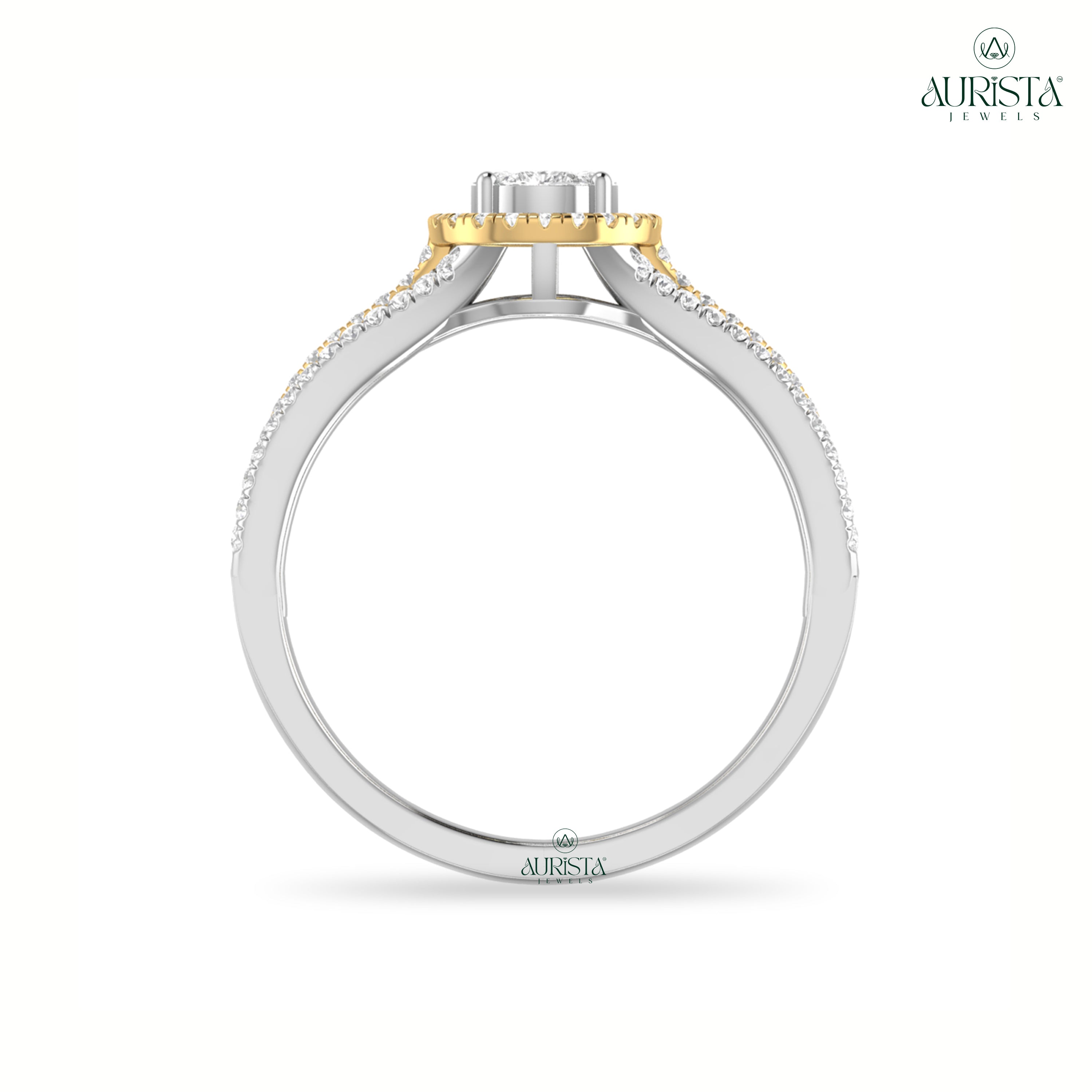 Pear Moissanite Diamond Ring With Round Side Stones Two Tone Gold Halo Engagement Ring