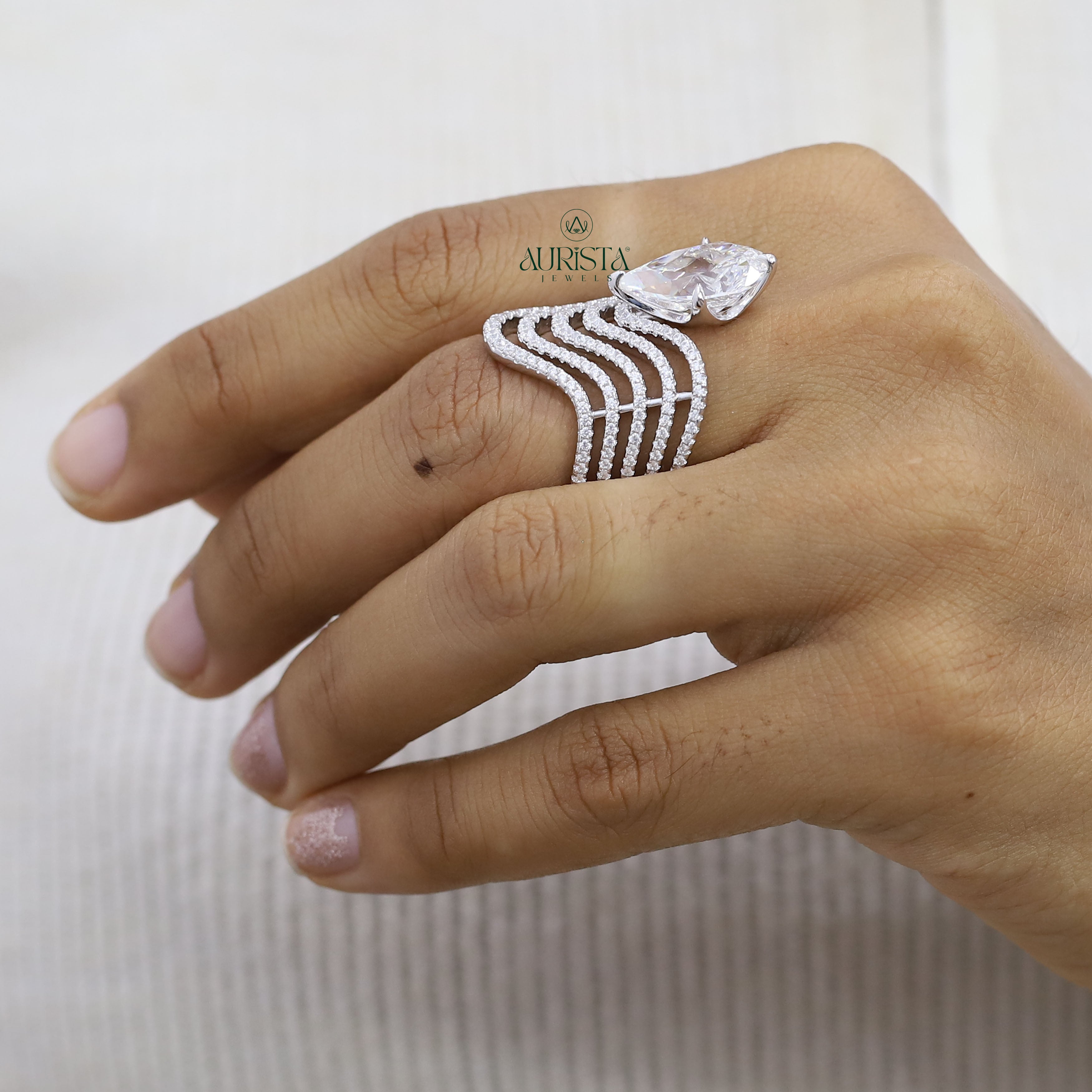 Pear Cut Moissanite Statement Ring - Multi Layer Wave Pave Band Luxury Cocktail Ring