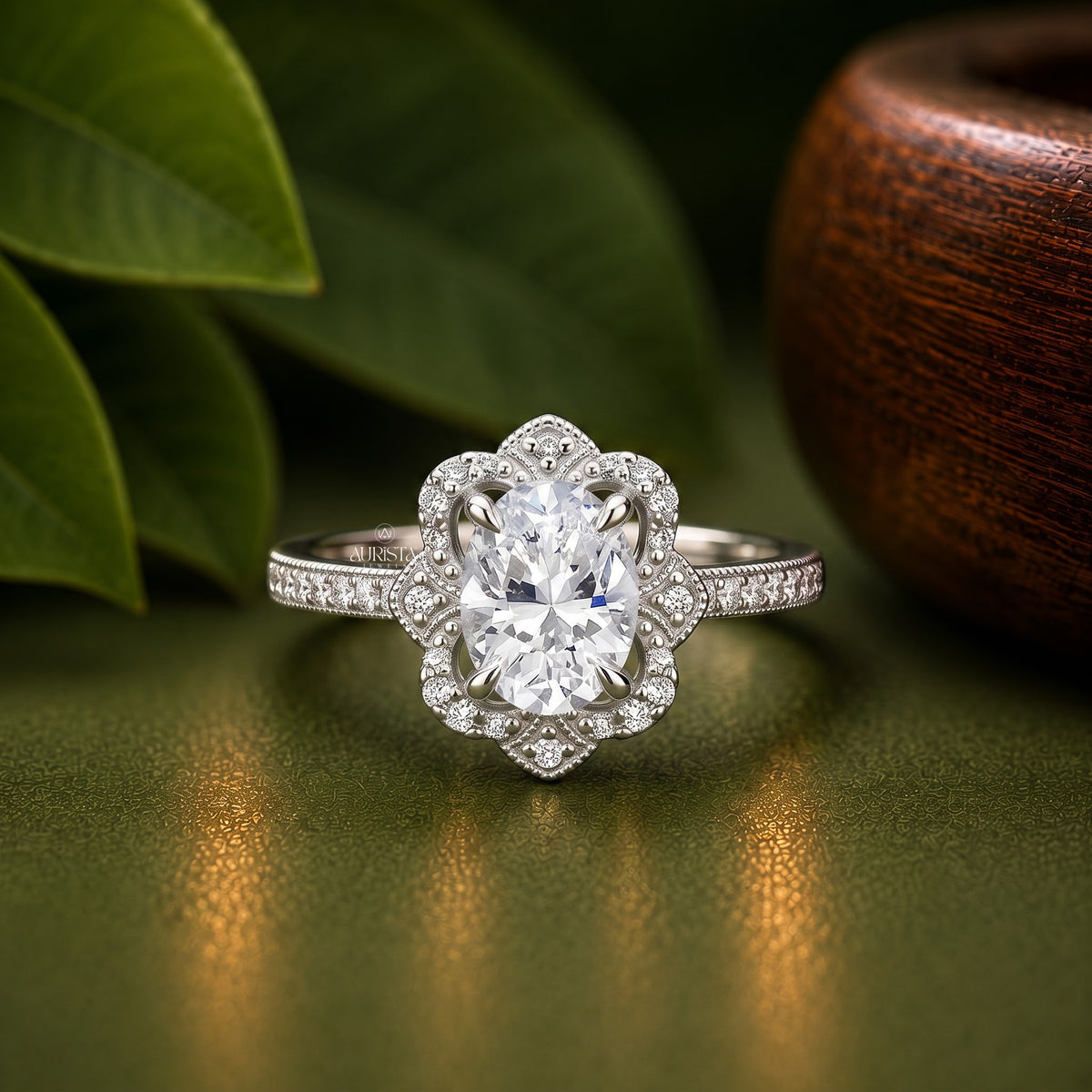 Oval Lab Grown Diamond Ring Set, Vintage Floral Halo In White Gold Round Side Stones