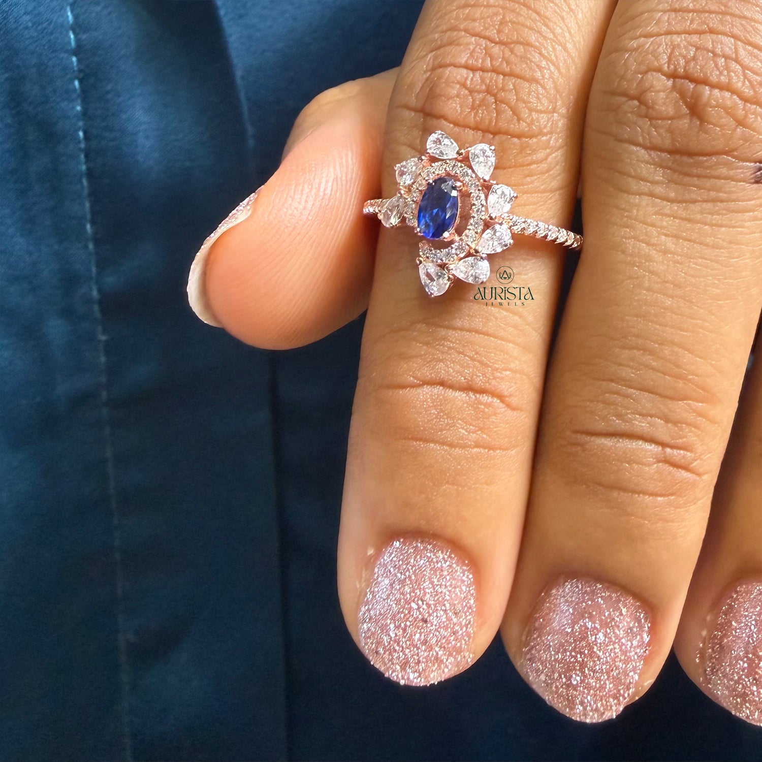 Blue Oval Cluster Ring Floral Design Luxury Moissanite Wedding Statement Jewelry