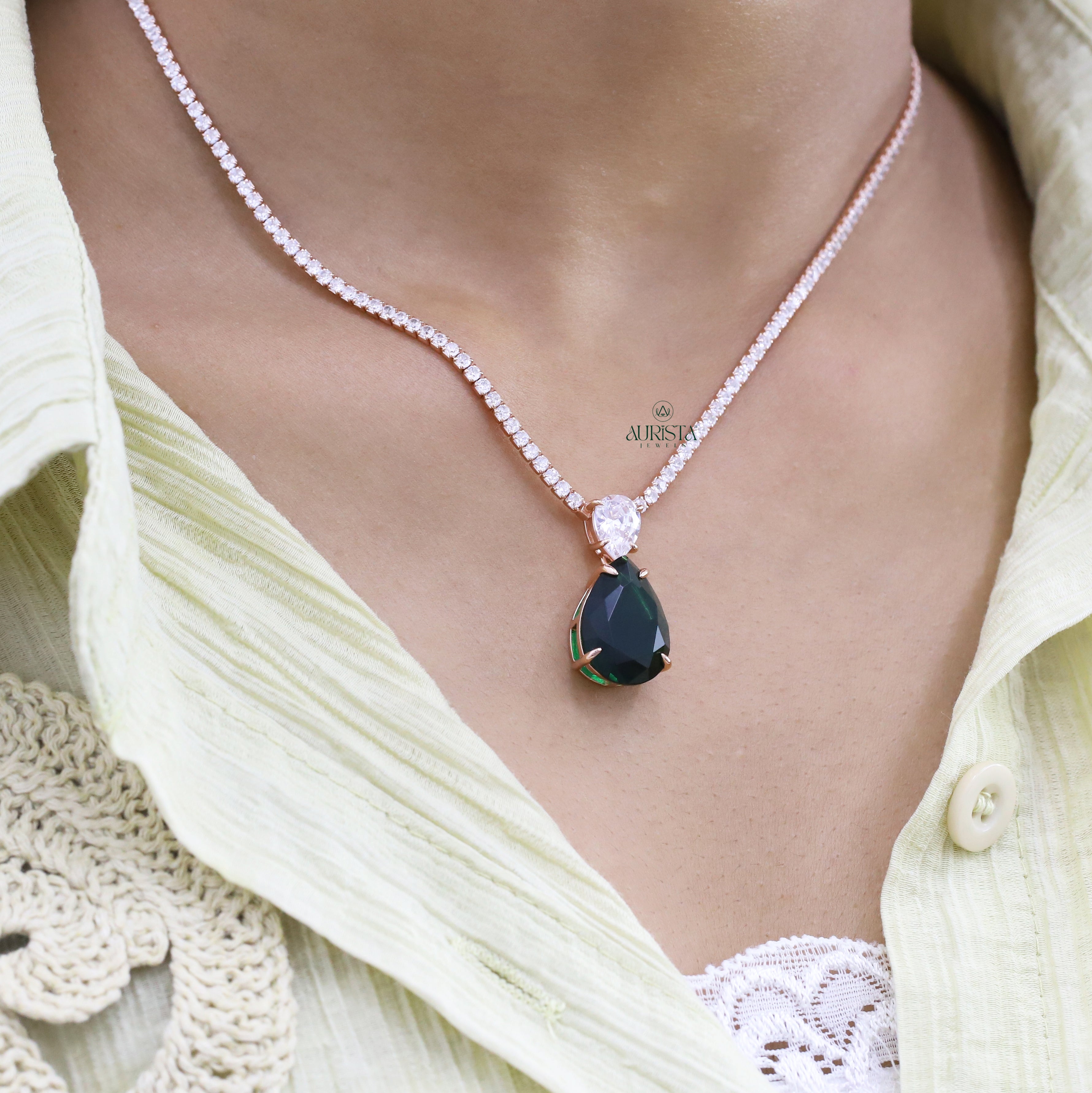 Round Moissanite Tennis Necklace with Pear-Cut Green Drop Pendant