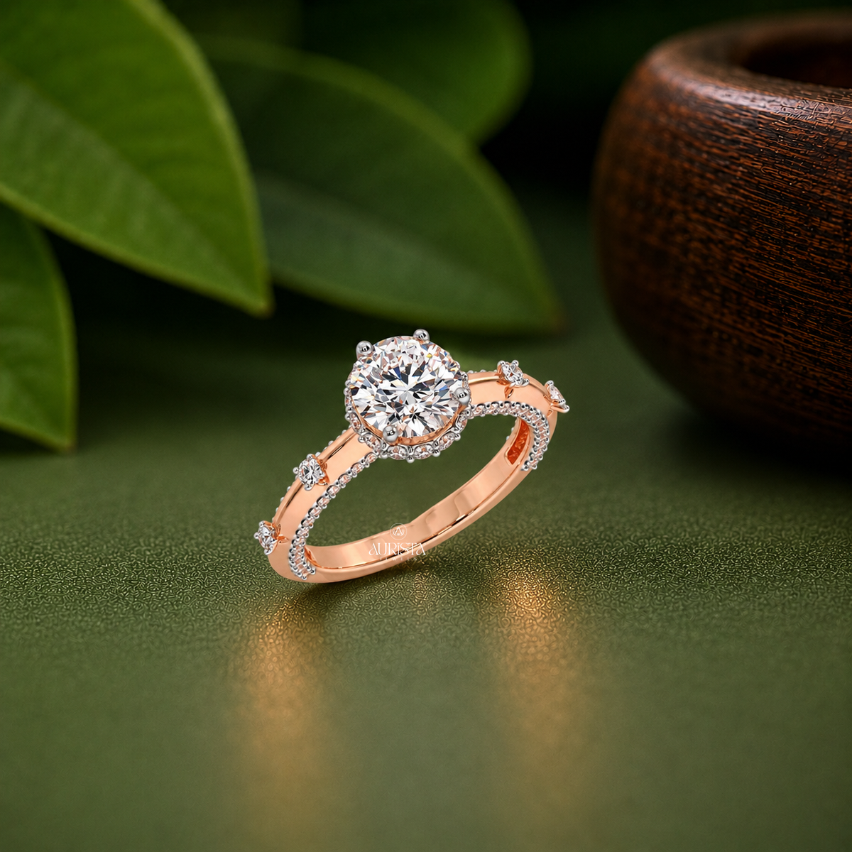 Round Lab Grown Diamond Ring, Rose Gold Engagement Ring With Hidden Halo Side Stones