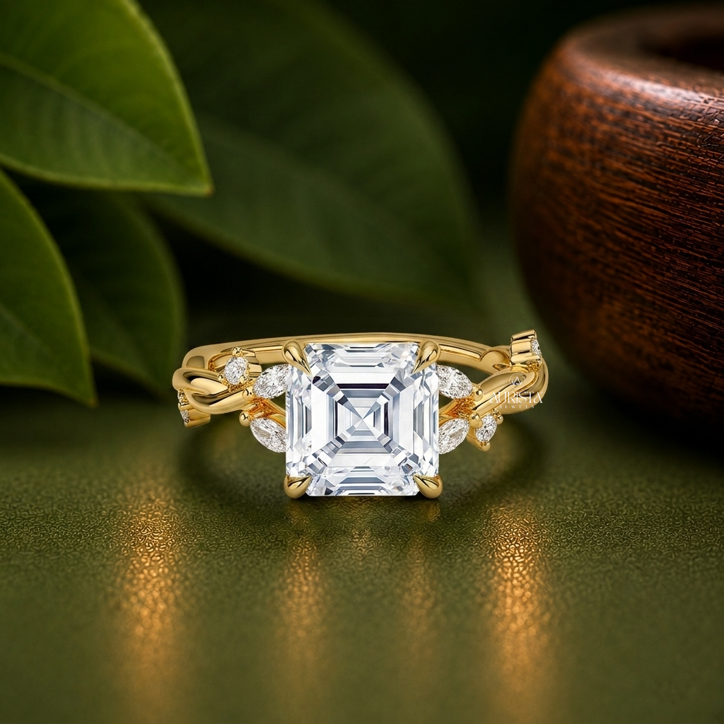 Asscher Lab Diamond Ring,Marquise and round Side Stones,Unique Diamond Ring