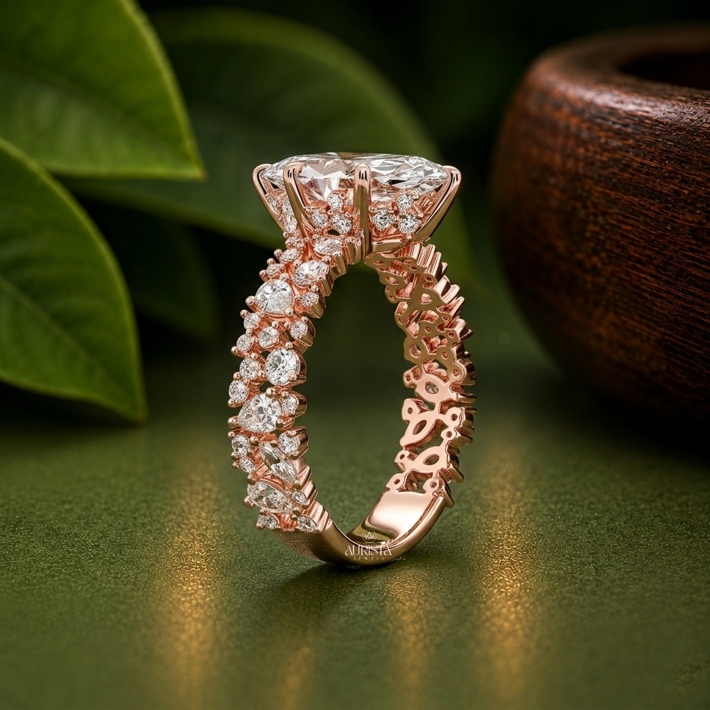 Marquise Lab Grown Diamond Ring, Ornate Floral Rose Gold Band Statement Fine Jewelry