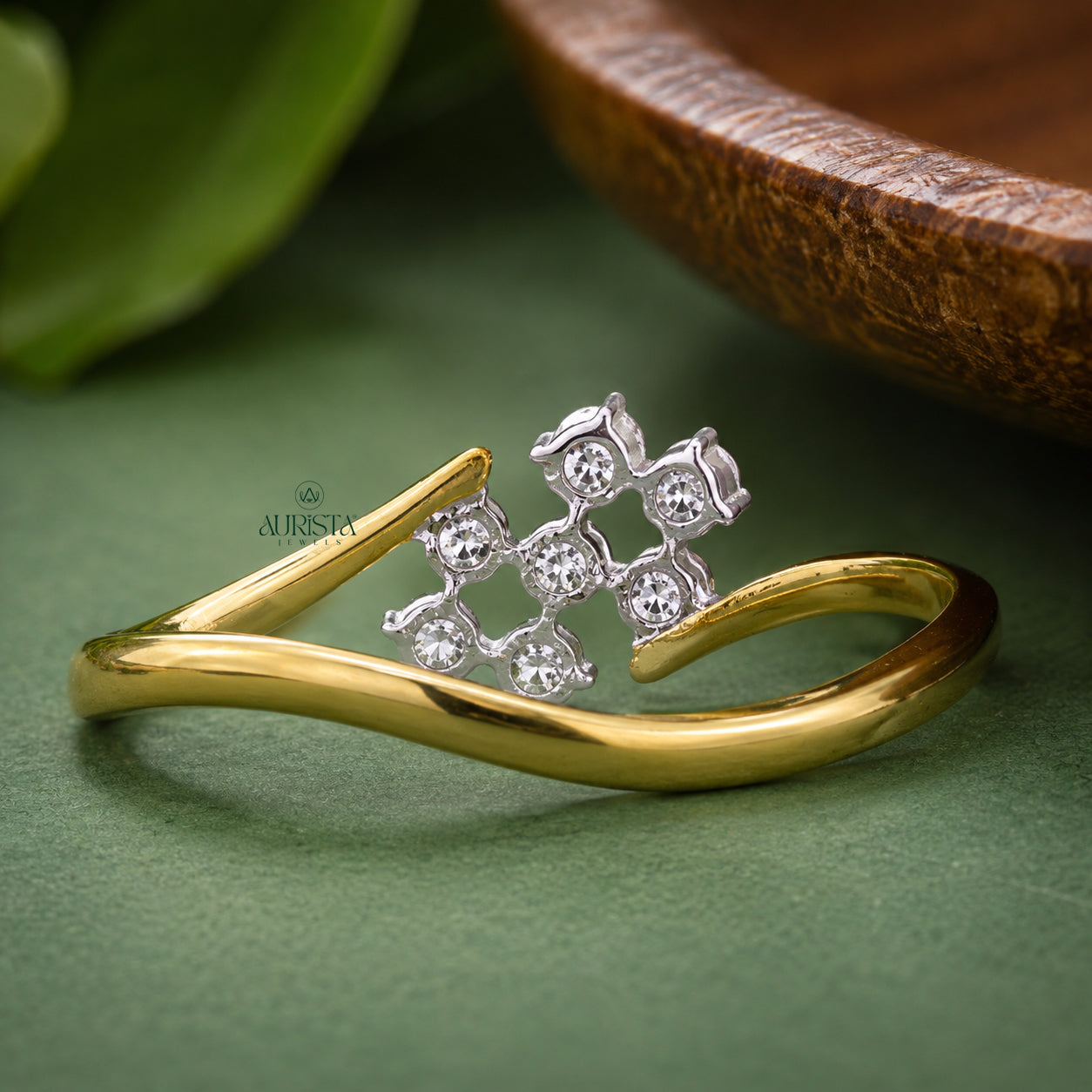 Round Cut Lab Grown Diamond Cluster Ring, Unique Bypass Gold Band, Statement Ring