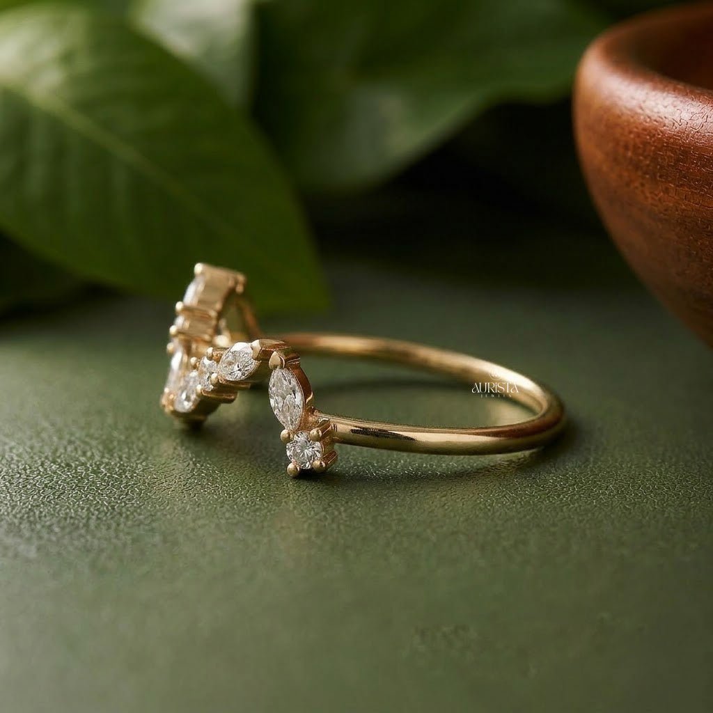 Lab Grown Diamond Gold Curved Ring V Shaped Wedding Band Contour Stacking Ring