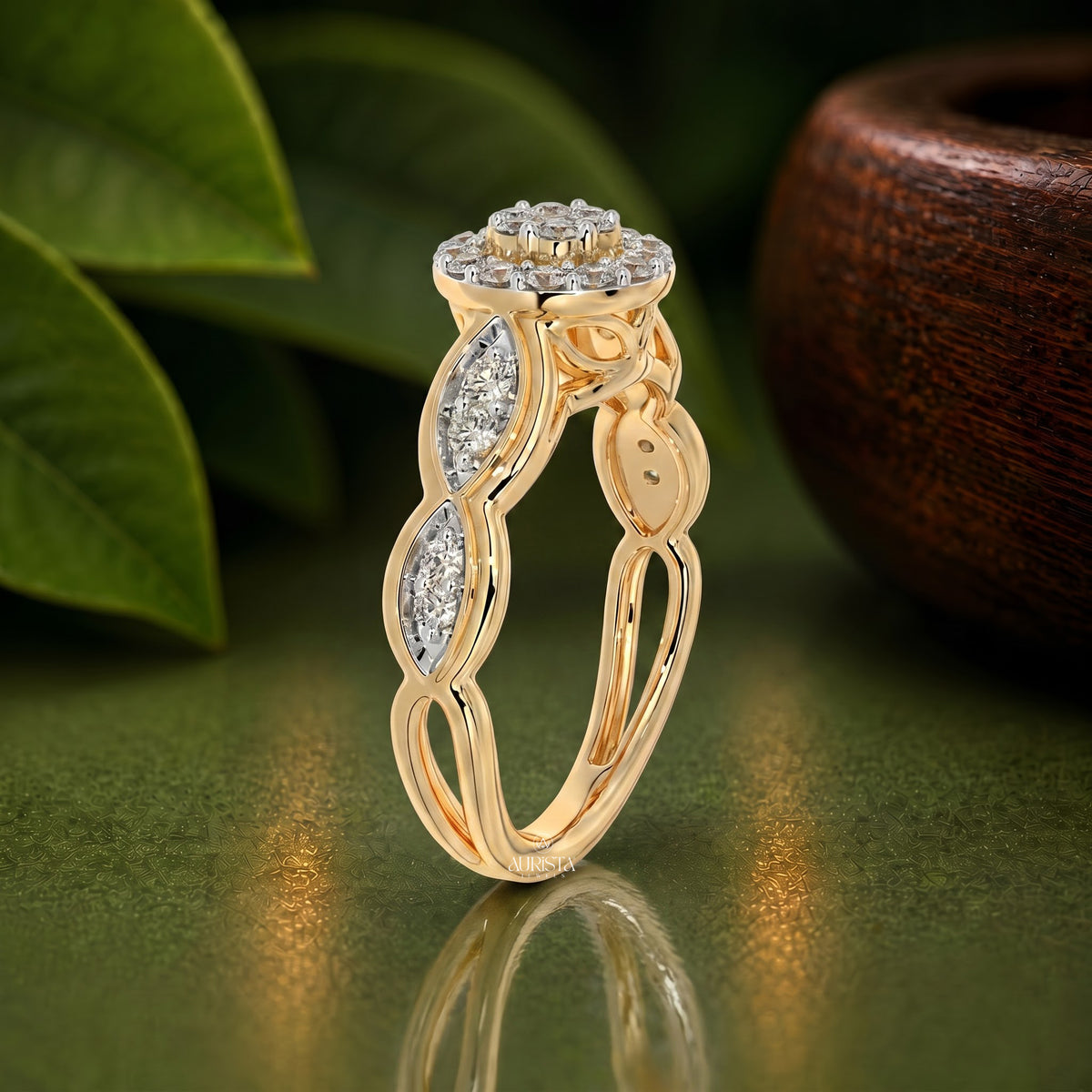 Round Lab Grown Diamond Flower Motif Statement Band In Yellow Gold Anniversary Gift