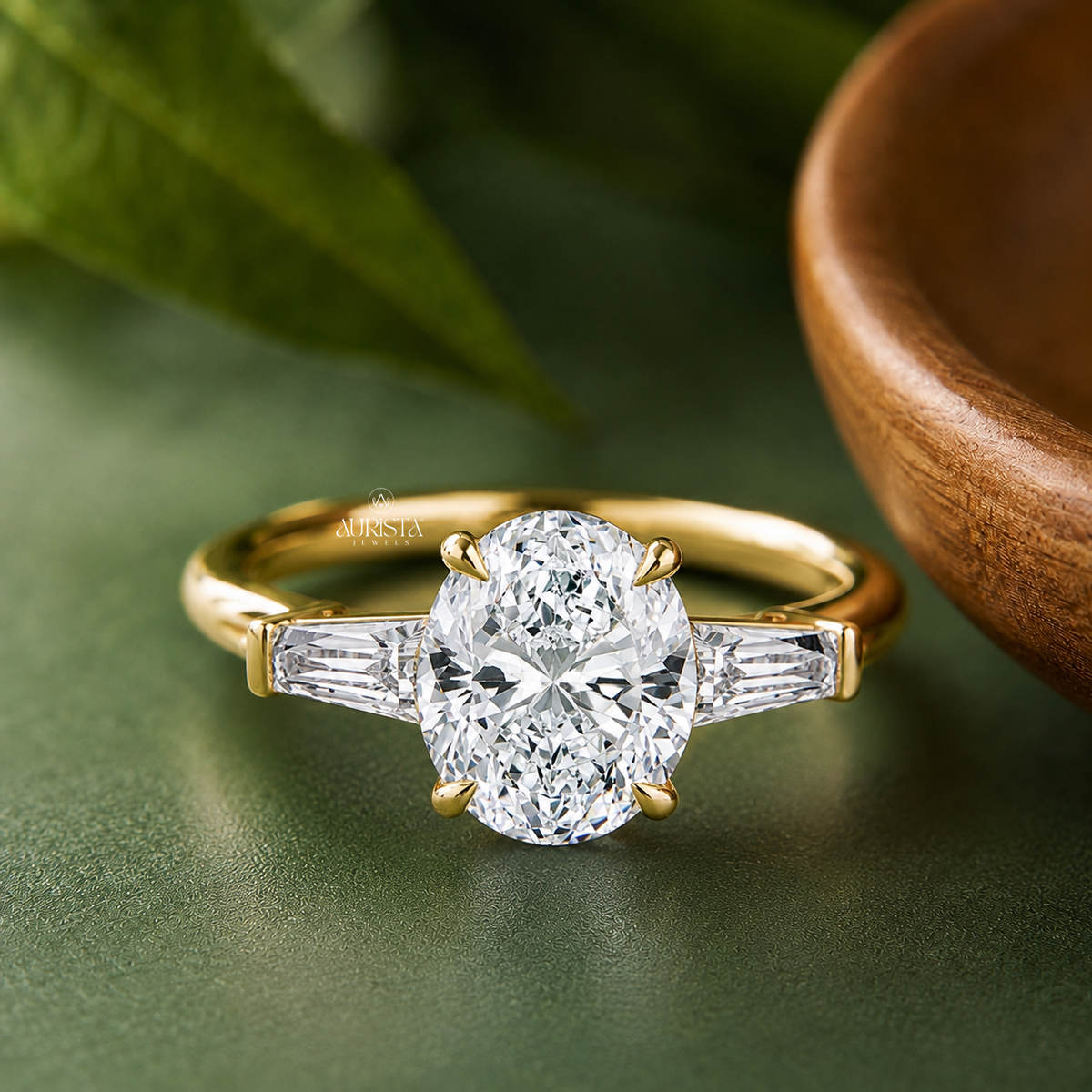 Oval & Tapered Baguette Lab Grown Diamond Ring, Three Stone Anniversary Gift
