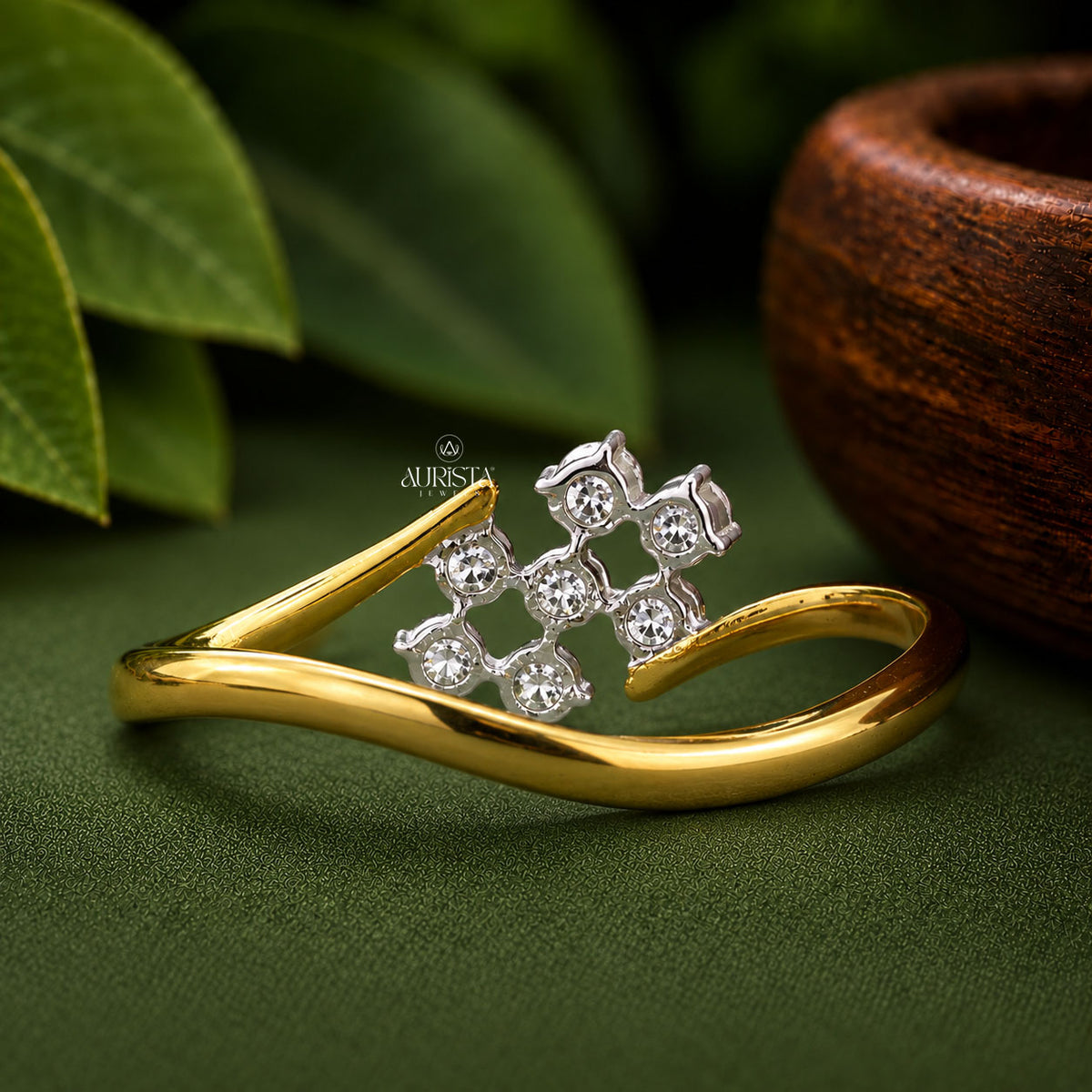 Round Cut Lab Grown Diamond Cluster Ring, Unique Bypass Gold Band, Statement Ring