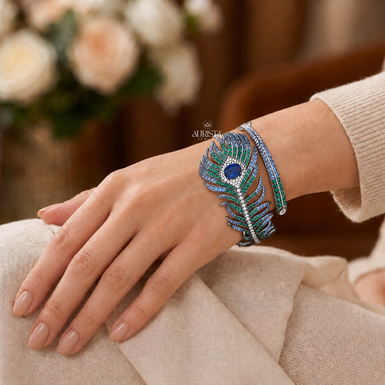 Peacock Feather Moissanite Bangle - Blue Sapphire & Round Gemstone Cuff Bracelet