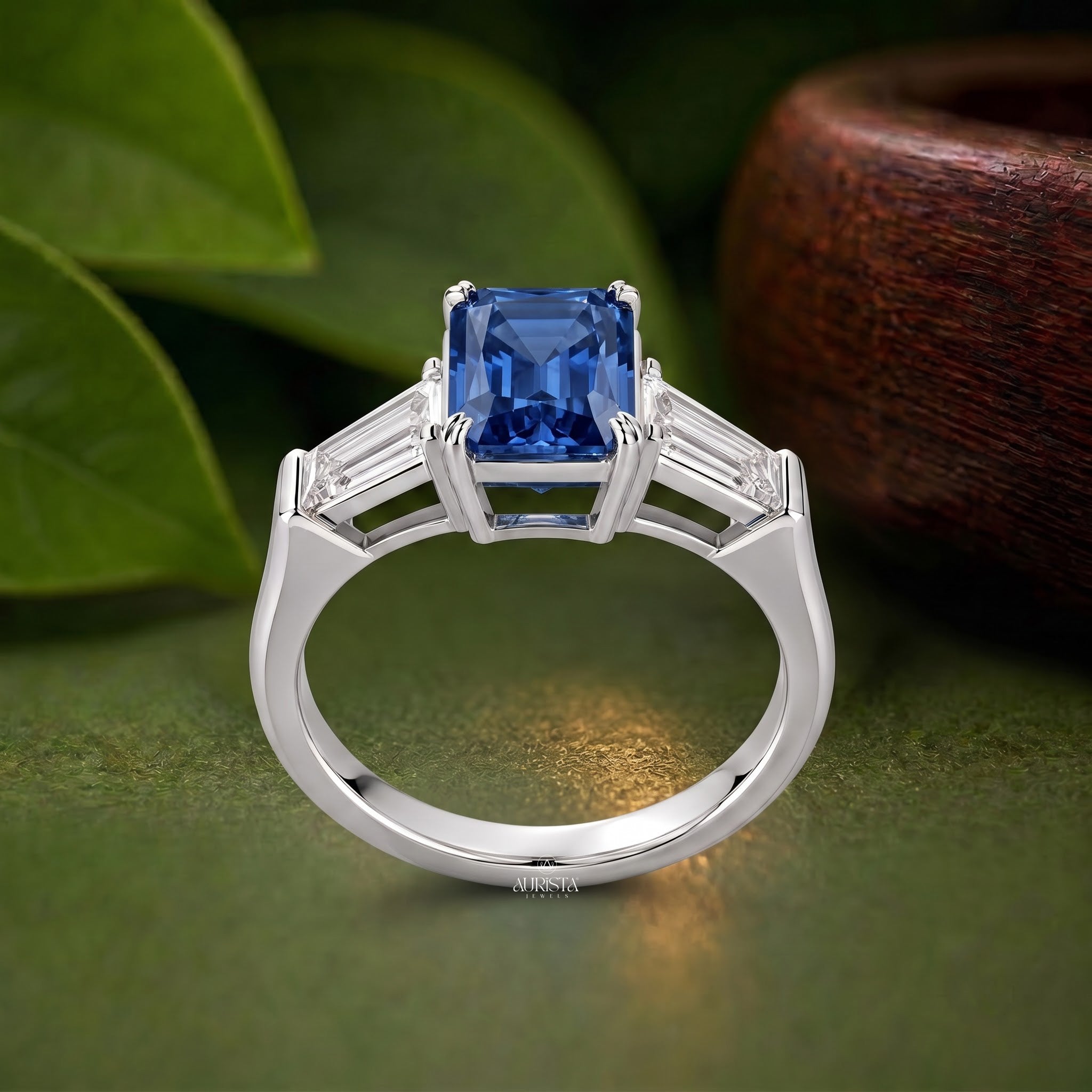 Lab Grown in Diamond Blue Emerald Cut Ring Three Stone Silver Engagement Band
