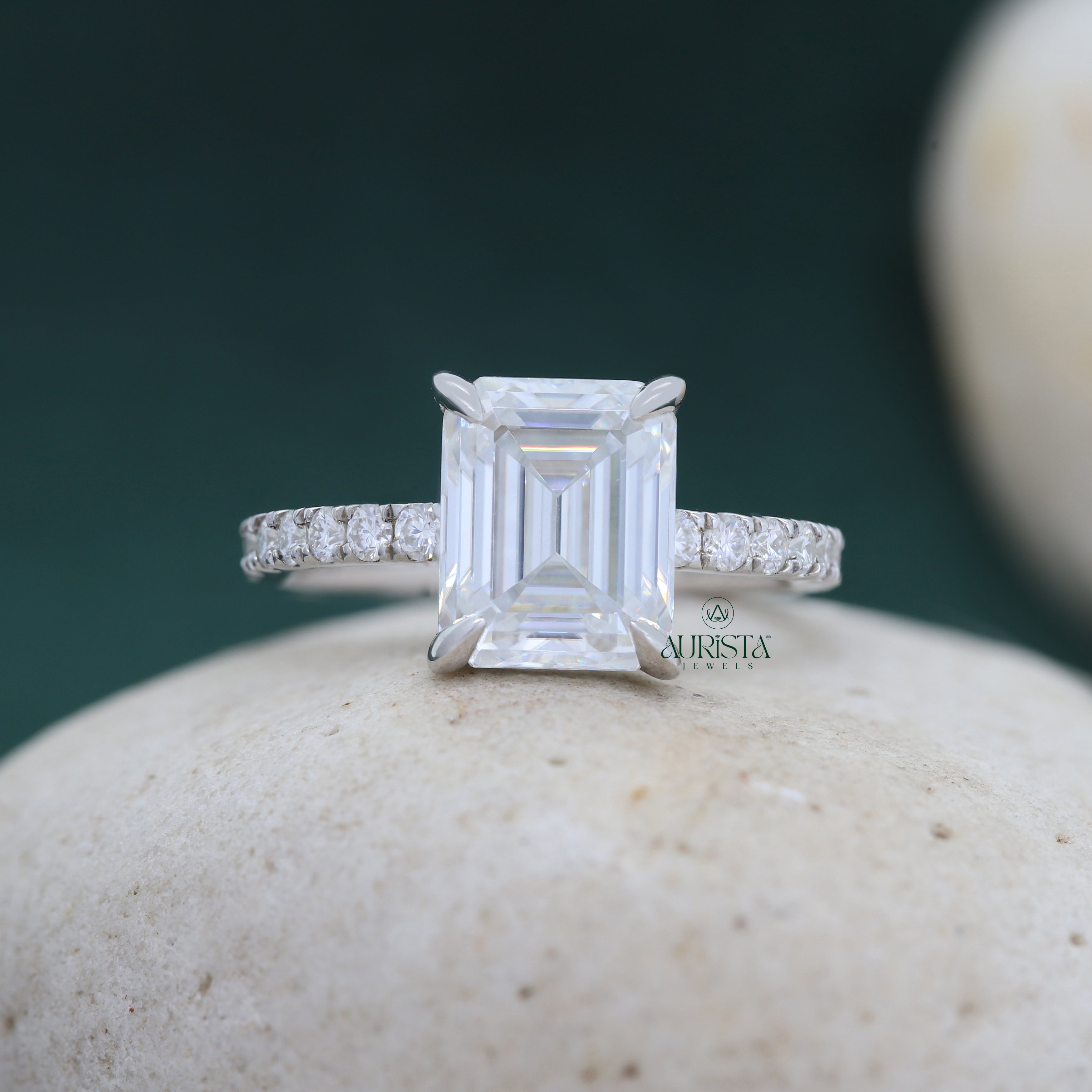Emerald Cut Lab Grown Diamond Engagement Ring, Pavé Wedding Ring