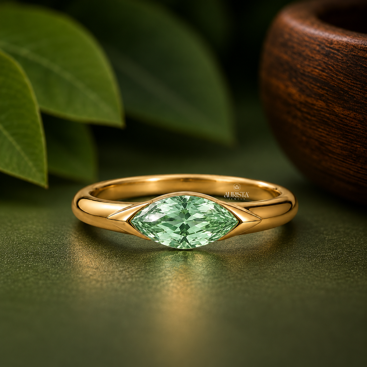 Green Marquise Bezel Solitaire Engagement Ring Band Lab Grown in Diamond