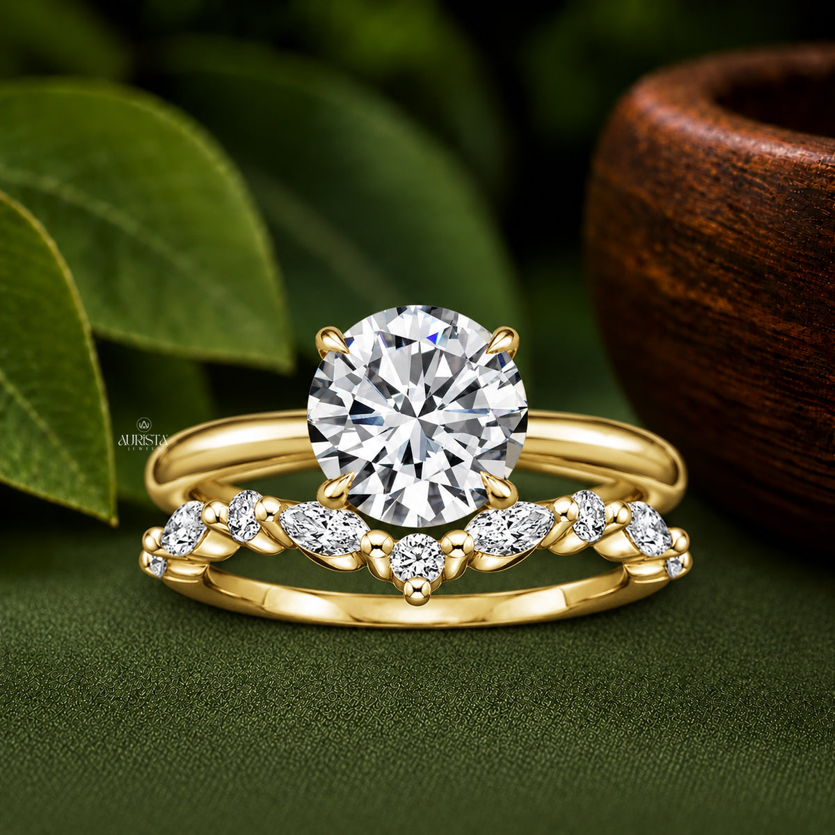 Round & Marquise Lab Grown Diamond V-Ring, Chevron Statement Wedding Band Ring Set