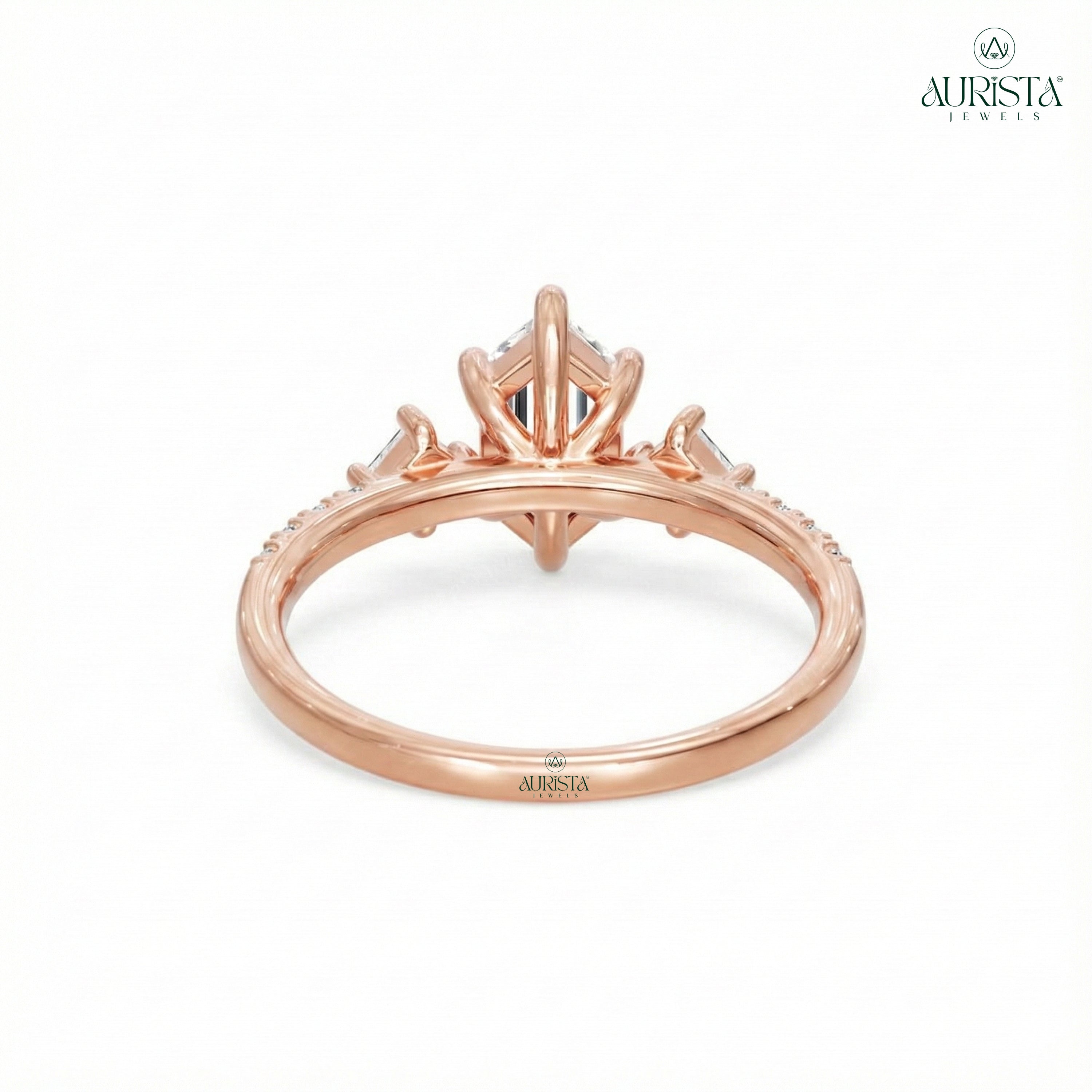 Hexagon Moissanite Diamond Ring, Rose Gold Three Stone Ring With Princess Side Stones