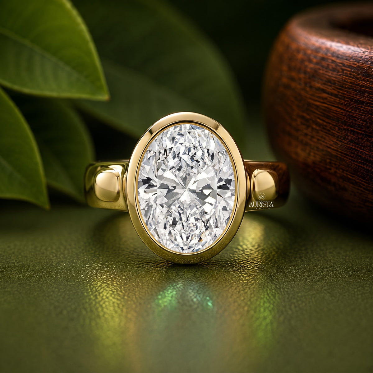 Oval Shape Lab Grown Diamond Ring, Bezel Set Solitaire Minimalist Yellow Gold Band