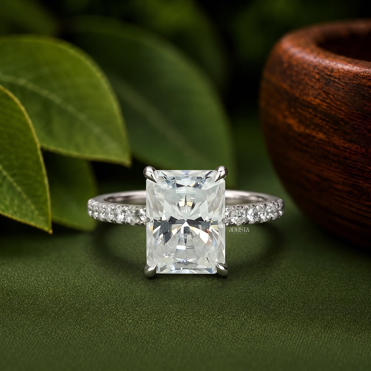 3.6 CT Radiant Cut Lab Grown Diamond Engagement Ring, Hidden Halo Pave Band