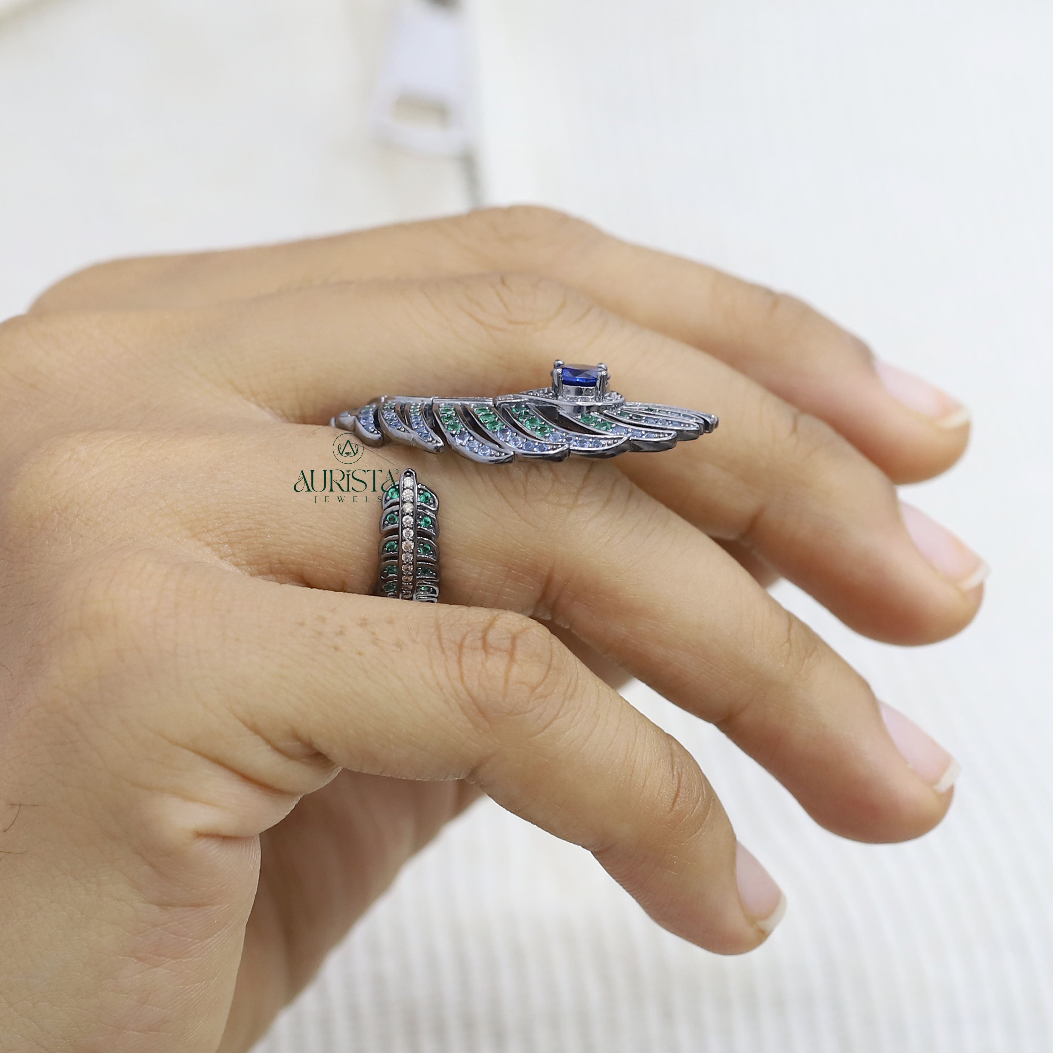 Peacock Feather Moissanite Ring - Blue Sapphire & Round Gemstone Statement Ring