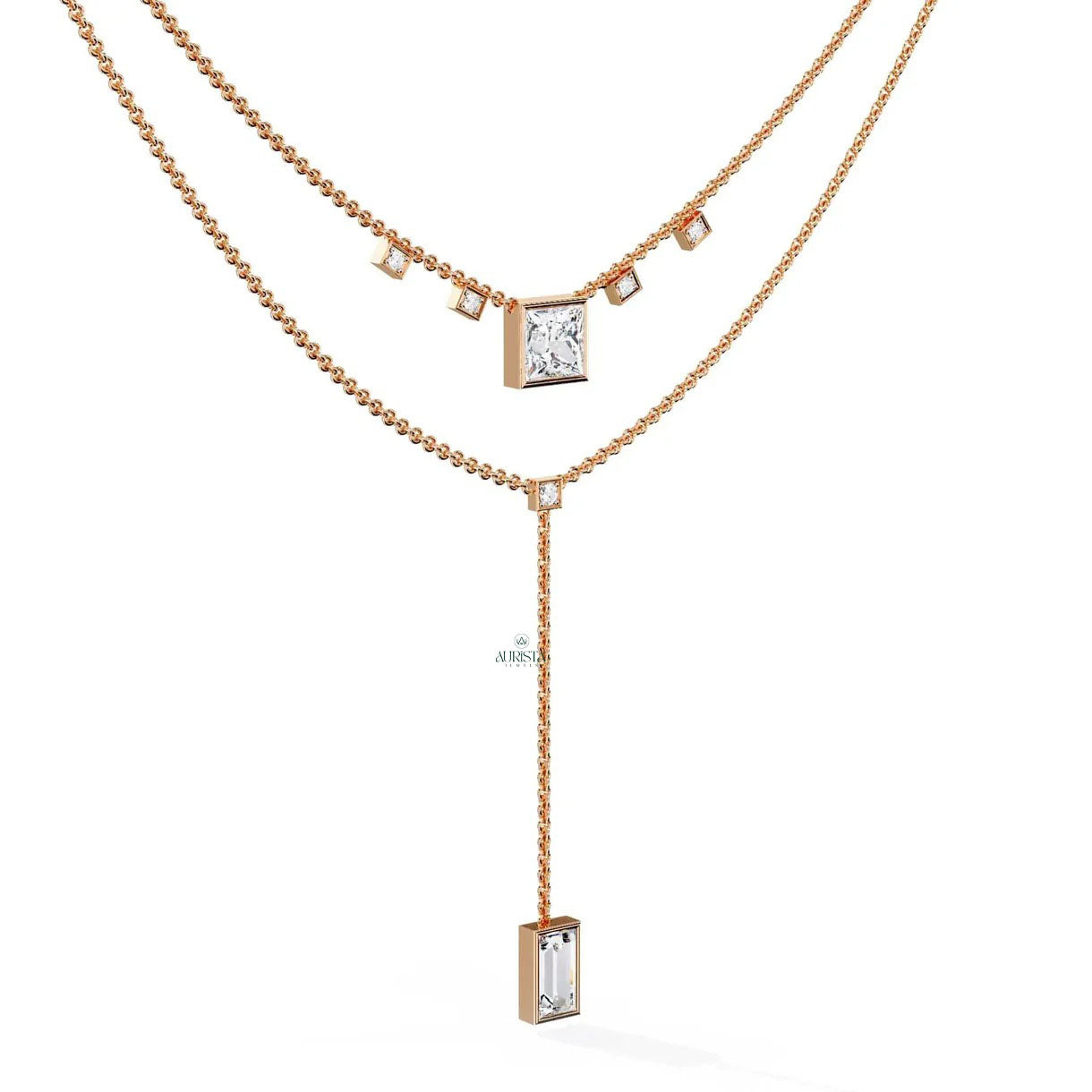Princess and Baguette Lab Grown Diamond Lariat Necklace Layered Minimalist Chain