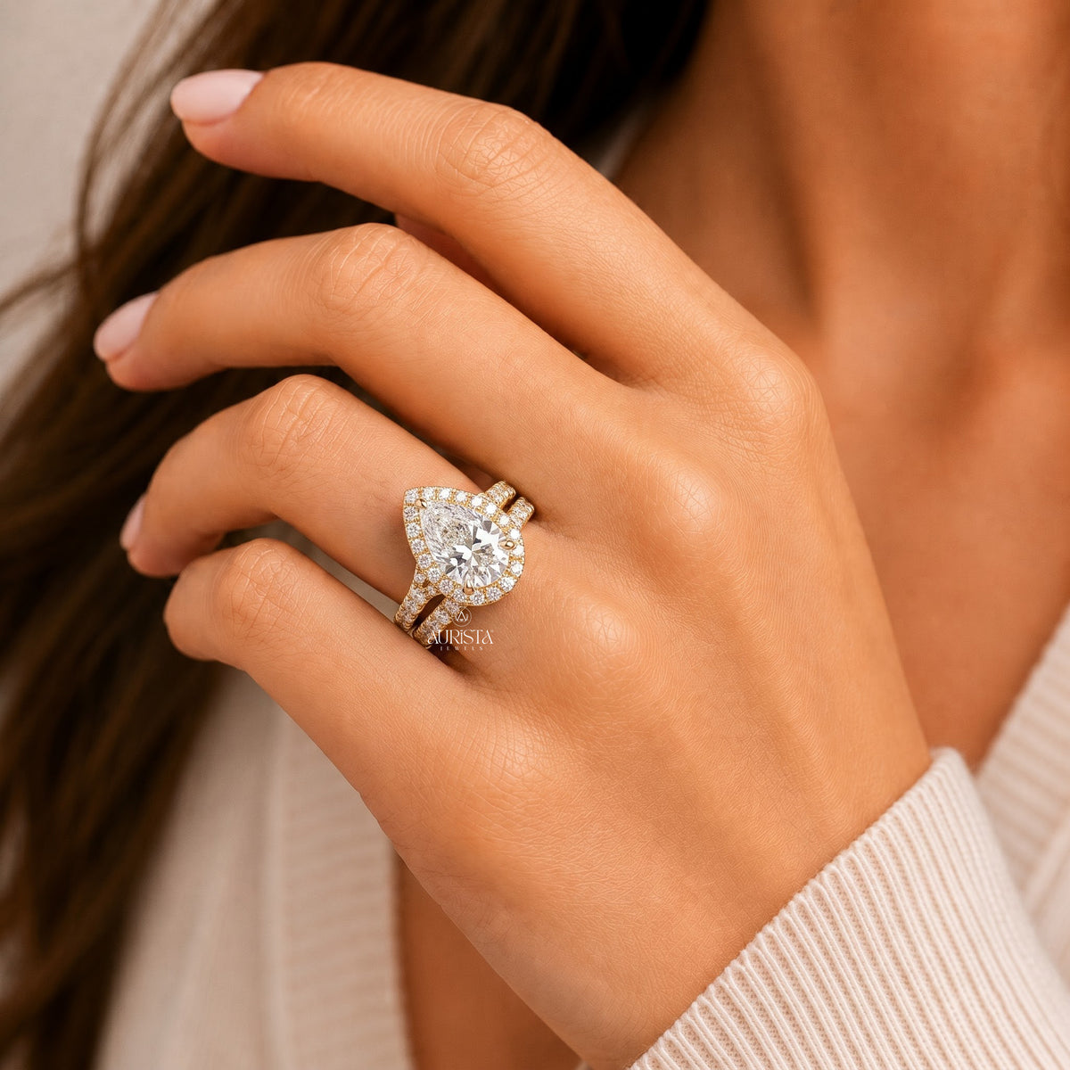 Pear Shape Moissanite Diamond Ring Set, Halo Split Shank Pave Side Stones Bridal Jewelry