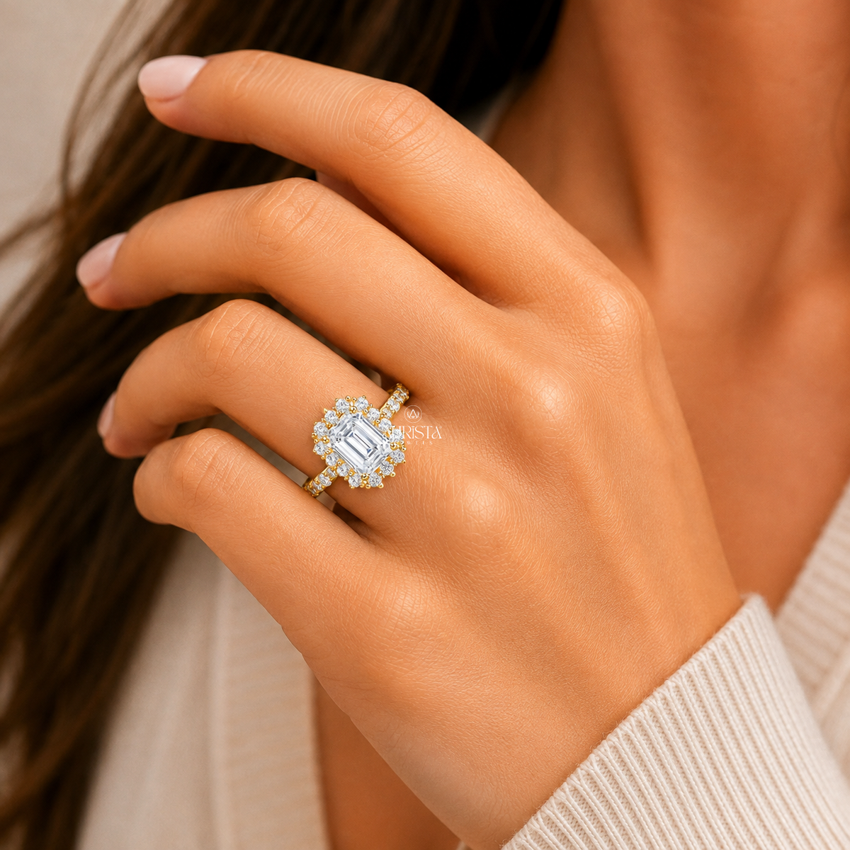 Emerald Shape Lab Grown Diamond Ring, Floral Halo Gold Ring With Round Side Stones