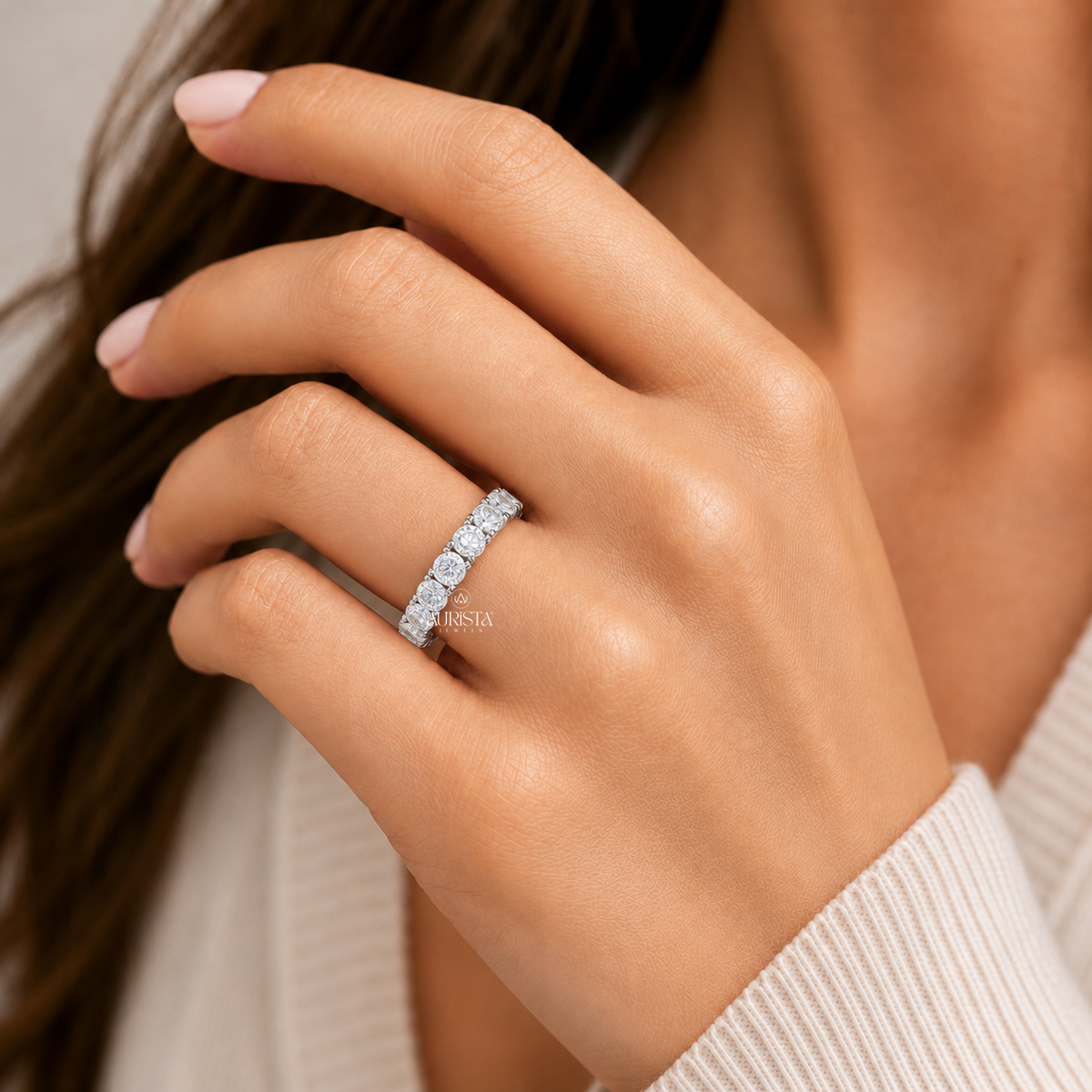 Round Cut Lab Grown Diamond Eternity Band, Stackable Wedding Ring in White Gold