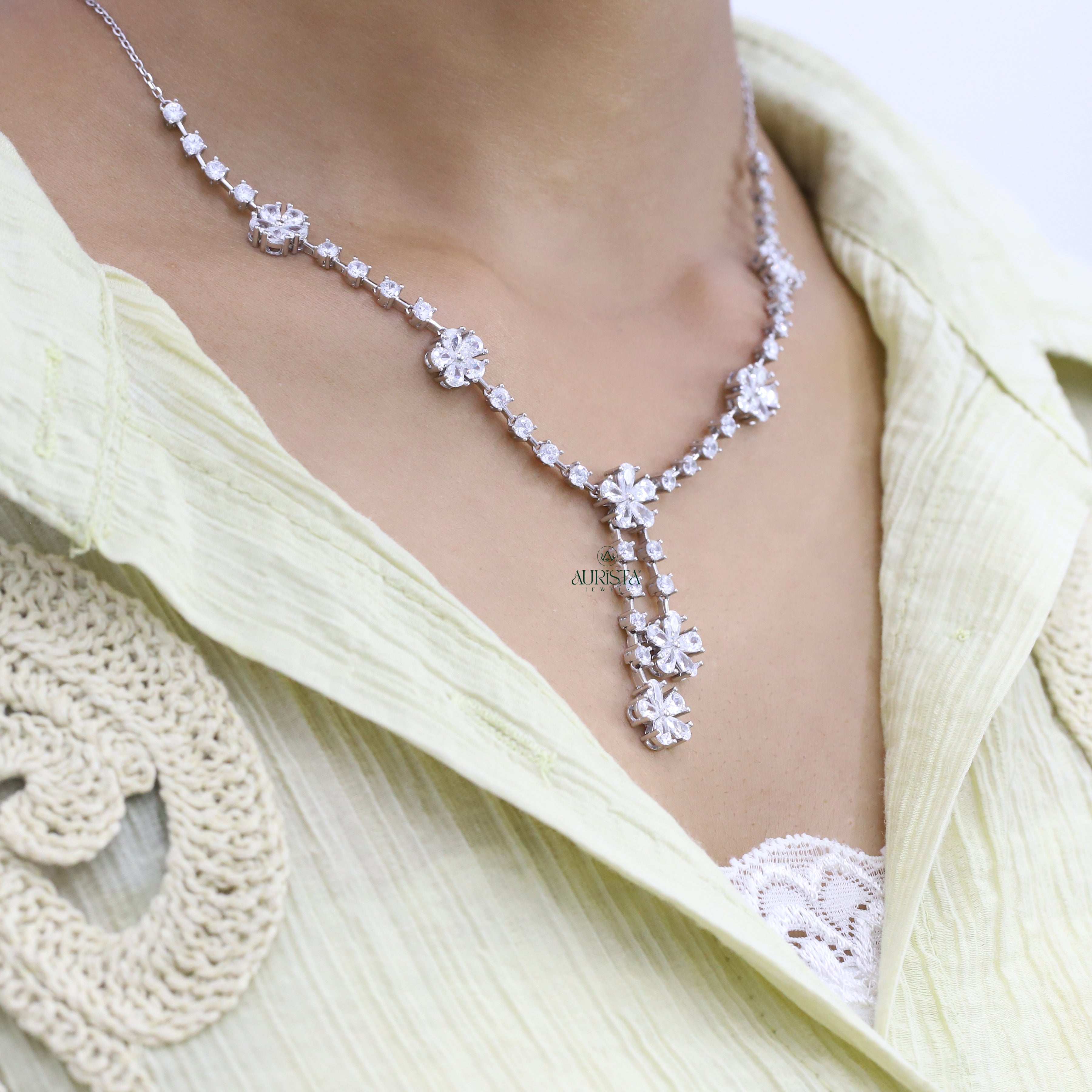 Necklace and Earring moissanite Set Elegant Flower Pendant Minimalist Floral Set