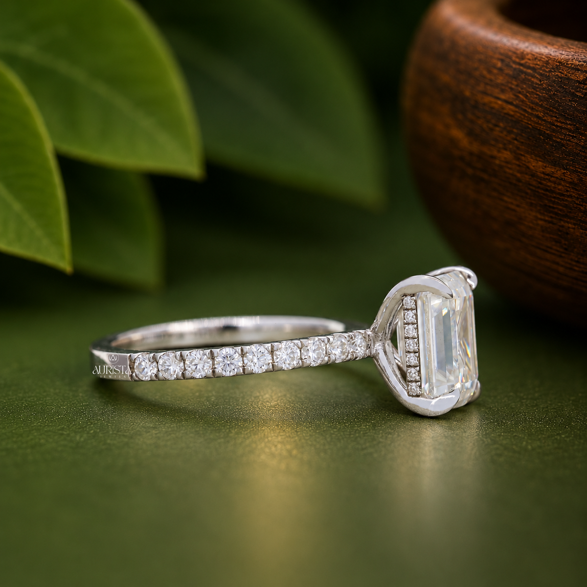 Emerald Cut Lab Grown Diamond Engagement Ring, Pavé Wedding Ring
