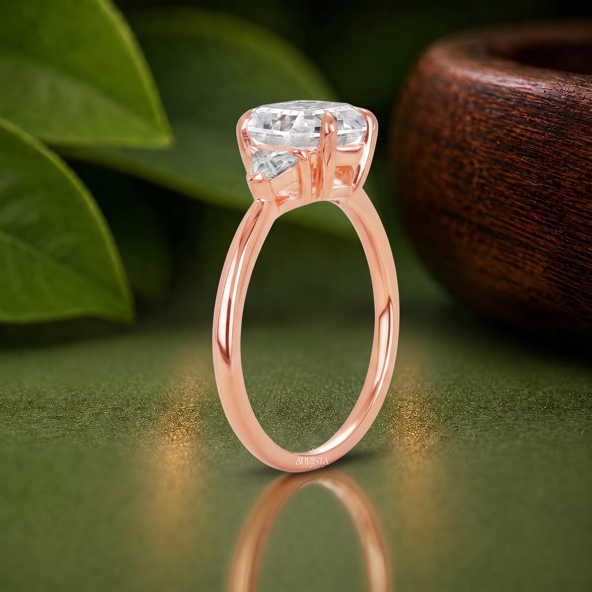 Hexagon Lab Grown Diamond Ring, Rose Gold Three Stone Ring With Trillion Side Stones