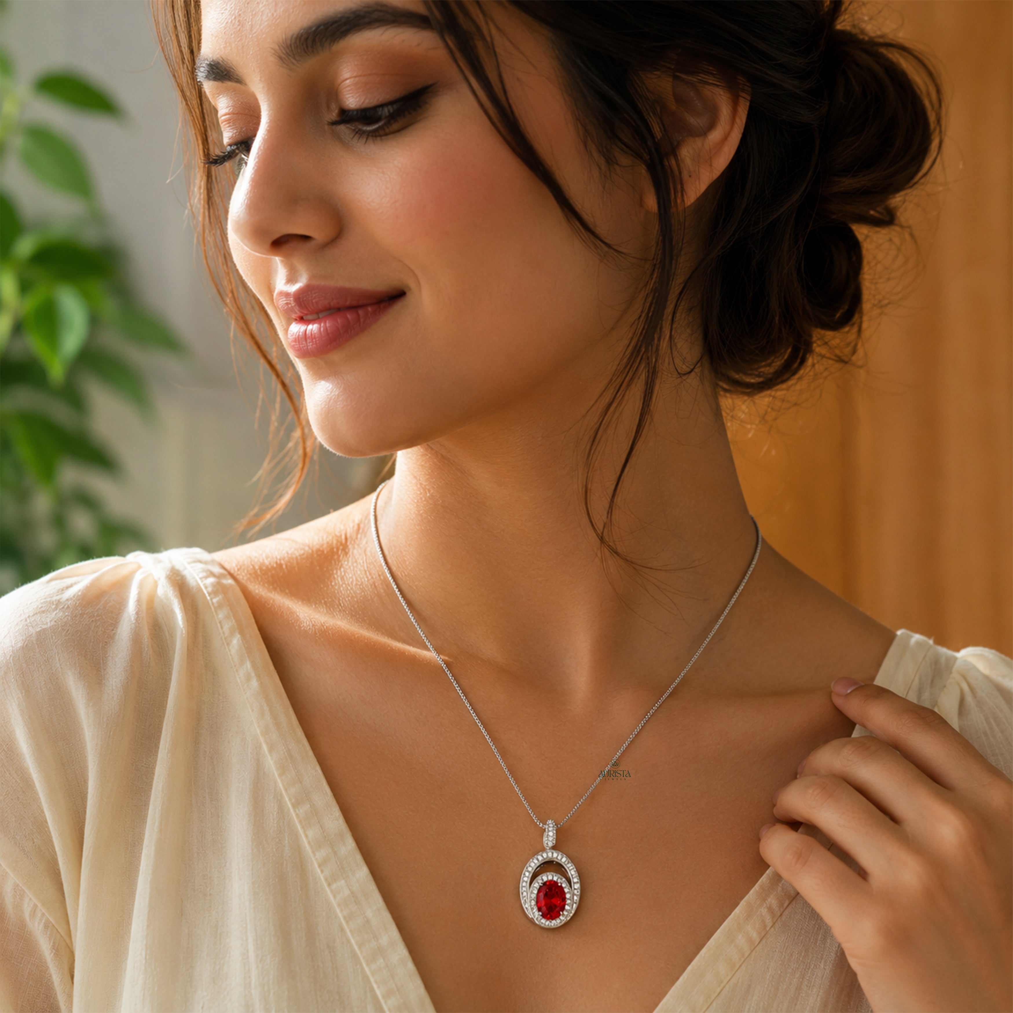 Oval Red Gemstone Pendant Statement Necklace Luxury Moissanite Jewelry Gift