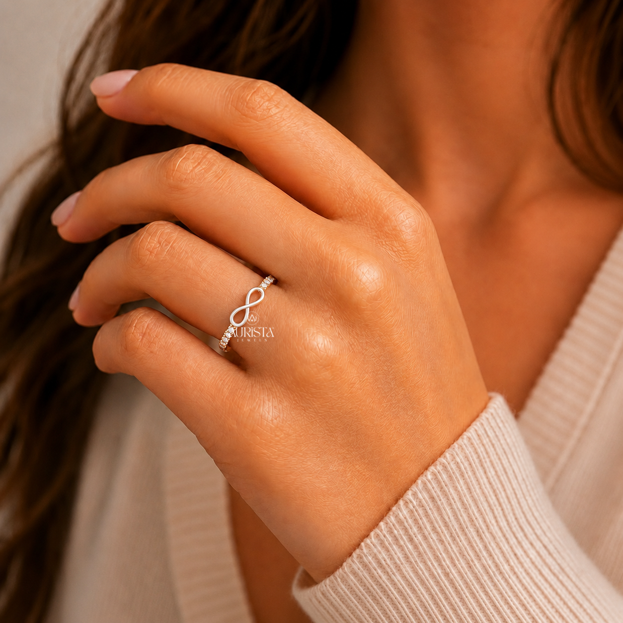 Lab Grown Diamond Gold Infinity Band Ring Dainty Stacking Ring Romantic Jewelry
