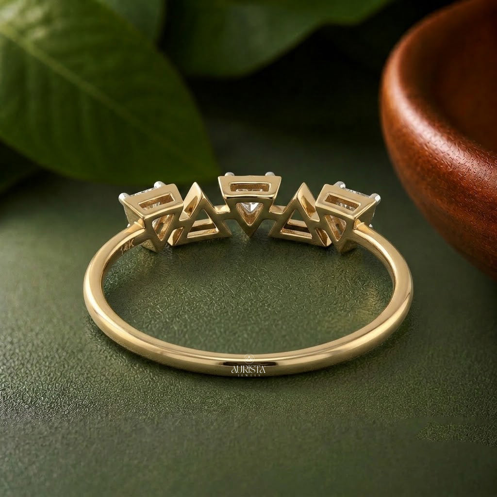 Lab Grown Diamond Gold Triangle Ring Geometric Band Three Stone Stacking Ring Chic