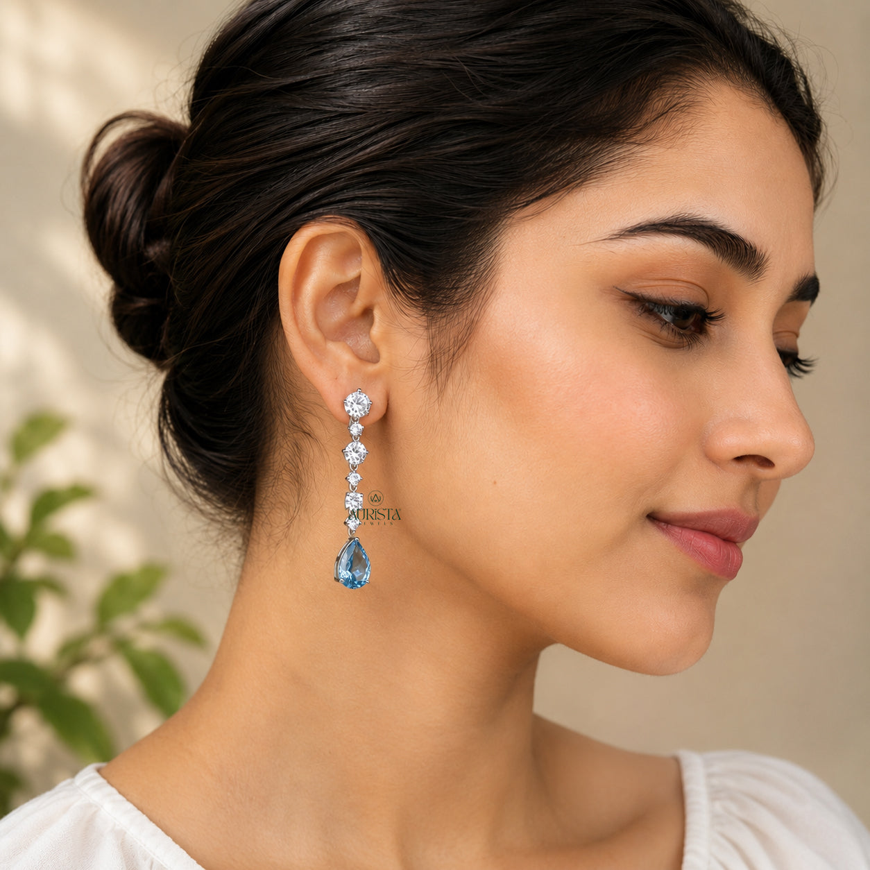 Blue Pear Drop Earrings Dainty Round Moissanite  Cluster Dangle Bridal Jewelry