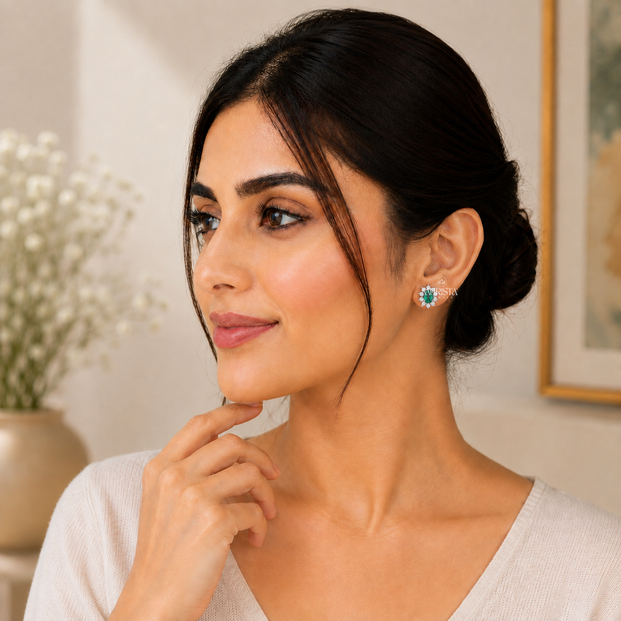 Lab Grown in Diamond Green Oval Halo Stud Earrings Floral Jewelry