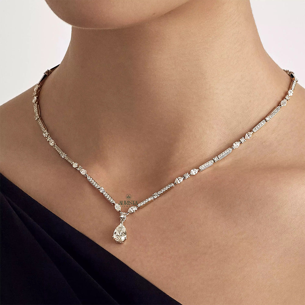 Silver Pear Drop Lab Grown Diamond Necklace Statement Bridal Fine Jewelry Luxury Gift
