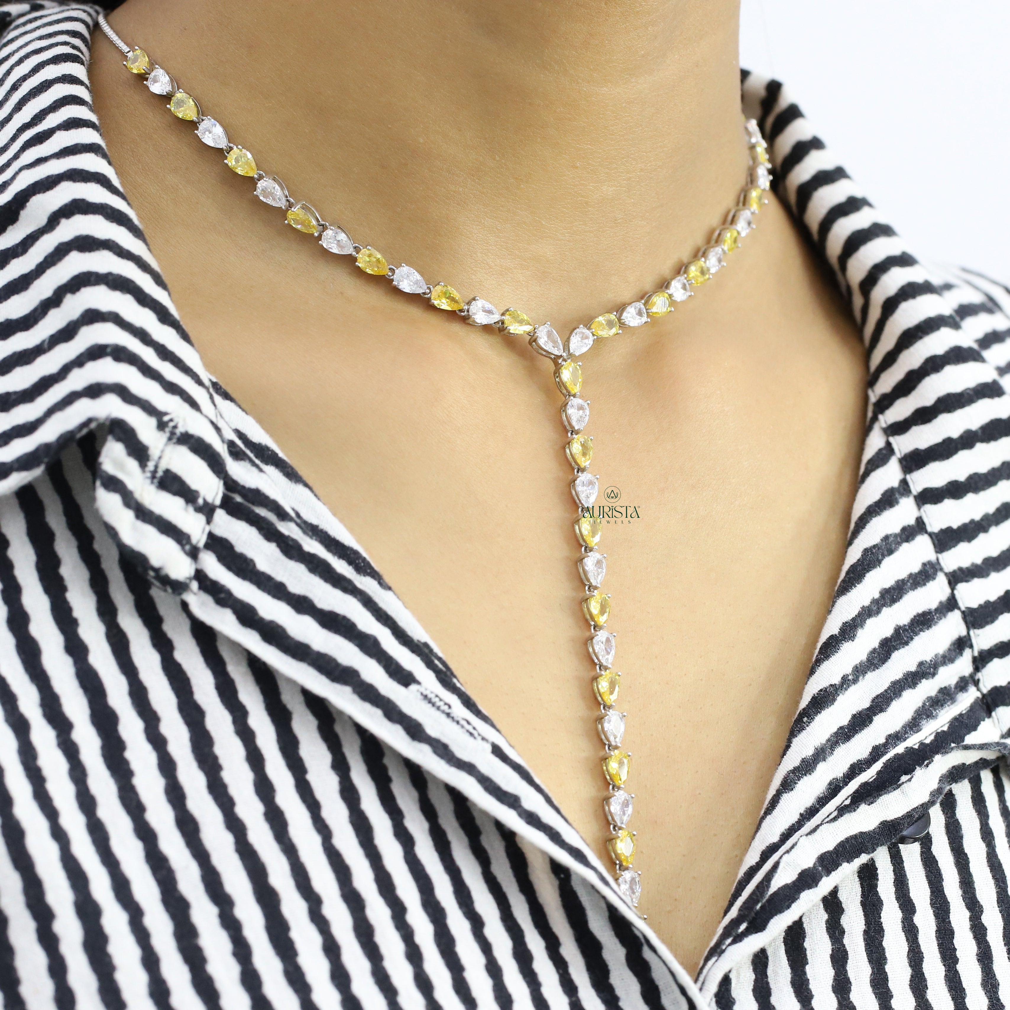 Moissanite Y-Necklace, Pear Cut Yellow & White Stone Drop Necklace